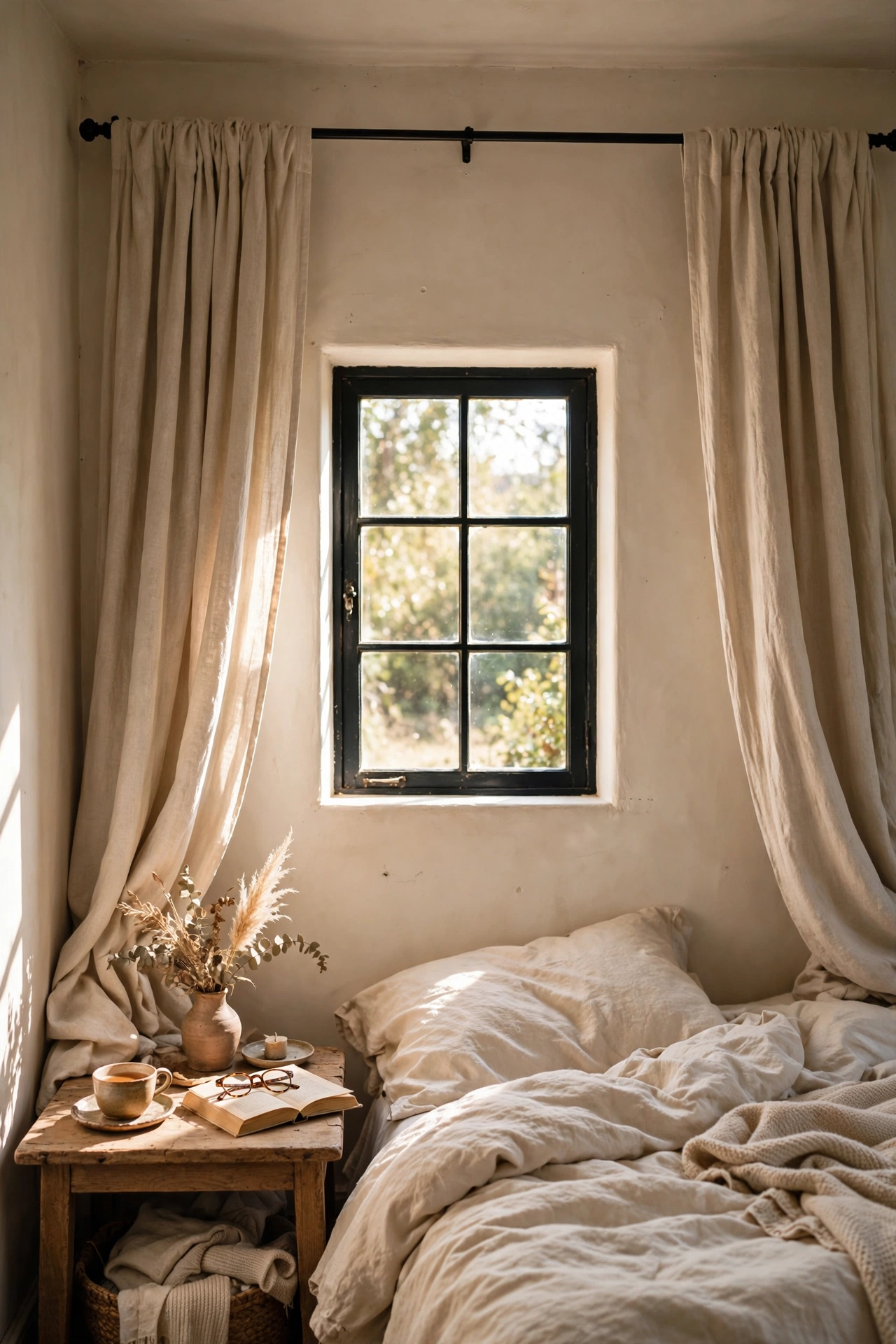 Curtains hung high near the ceiling and wide past the window frame in a small bedroom