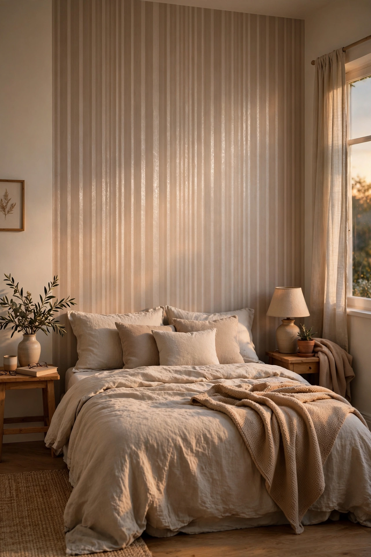 Small bedroom with subtle tone-on-tone vertical stripes on the wall behind the bed