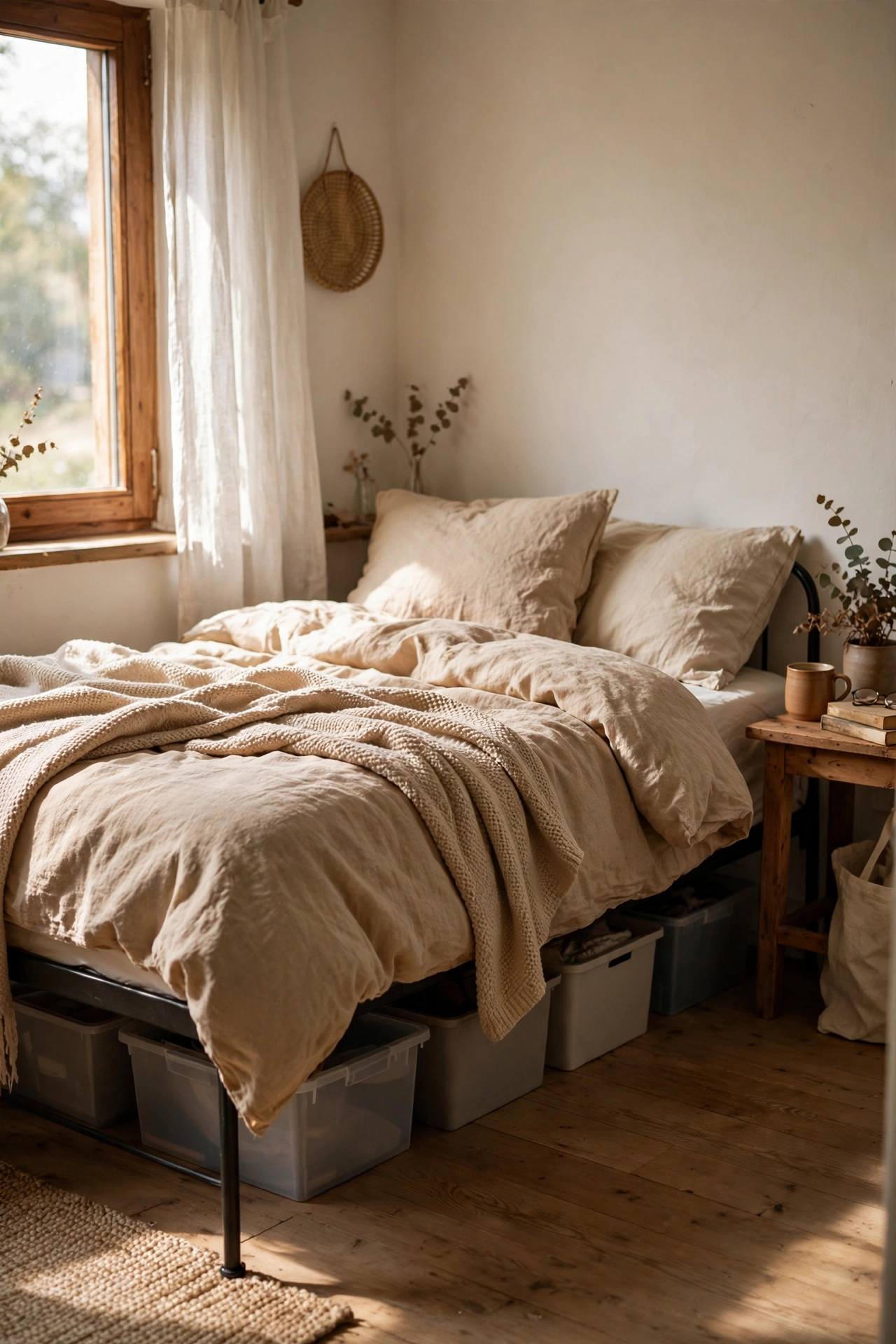 Small bedroom with a leggy bed frame showing the floor underneath for an airy look