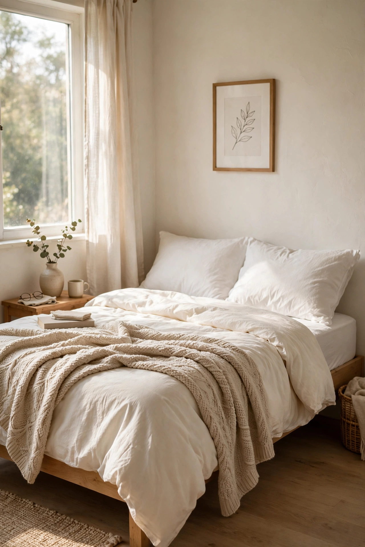 Small bedroom bed dressed in all-light bedding with one oatmeal knit throw for texture
