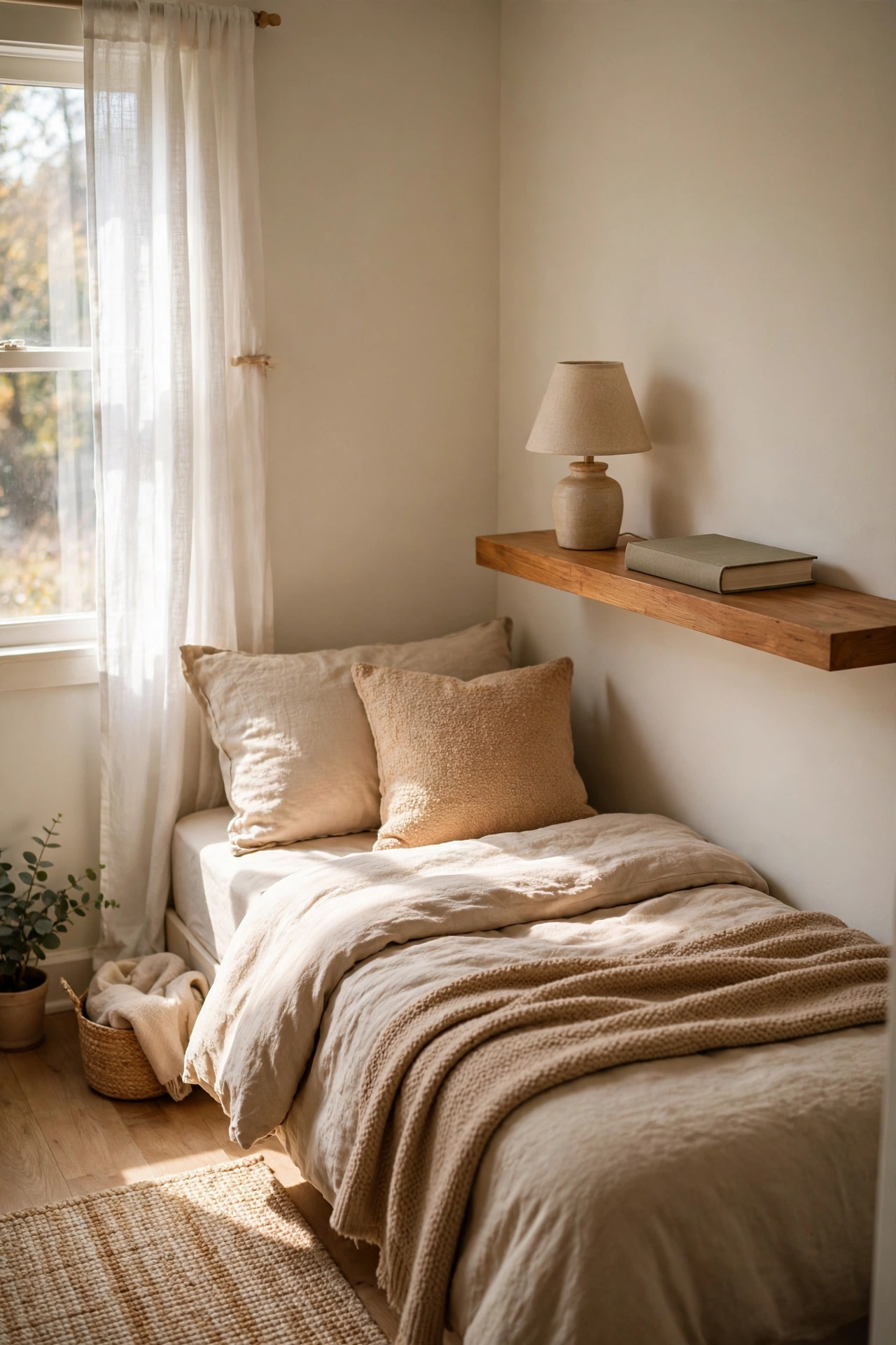 Floating wooden shelf as a nightstand beside a bed in a small bedroom