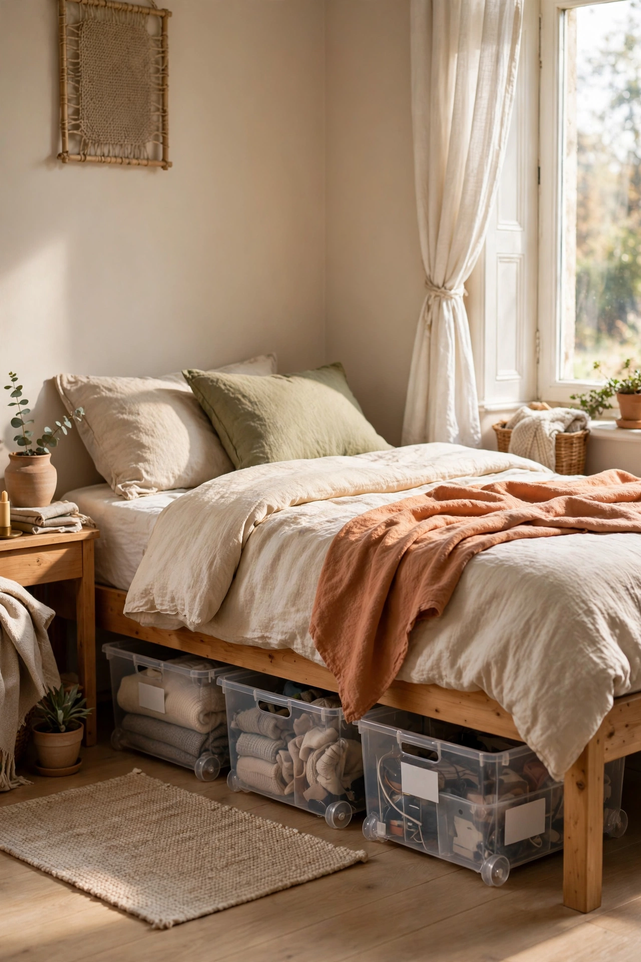 Clear rolling storage bins tucked under a bed in a small bedroom