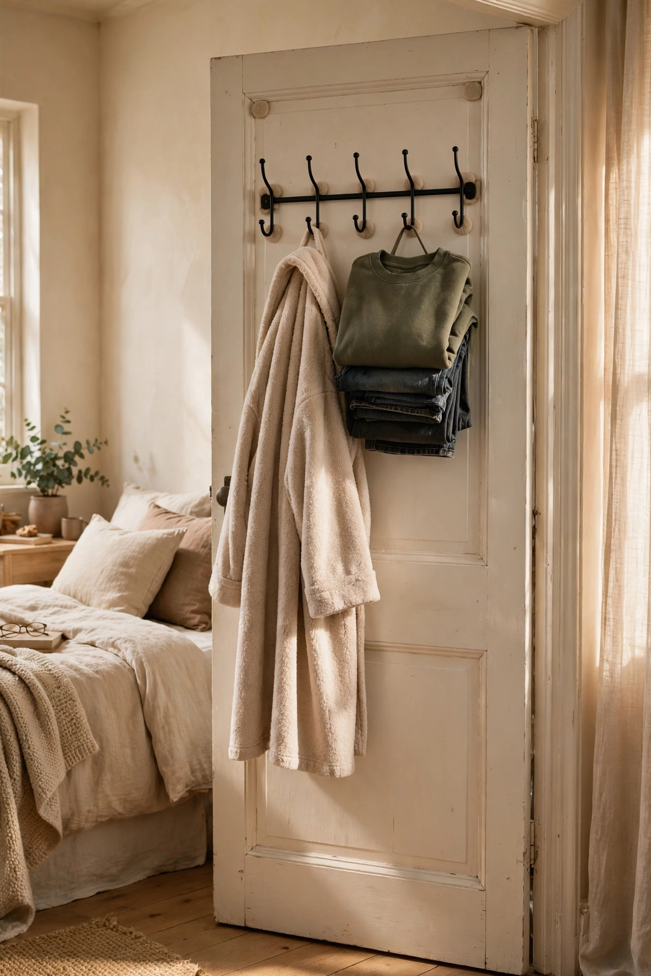 Over-the-door hook rail in a small bedroom holding a robe and tomorrow's outfit