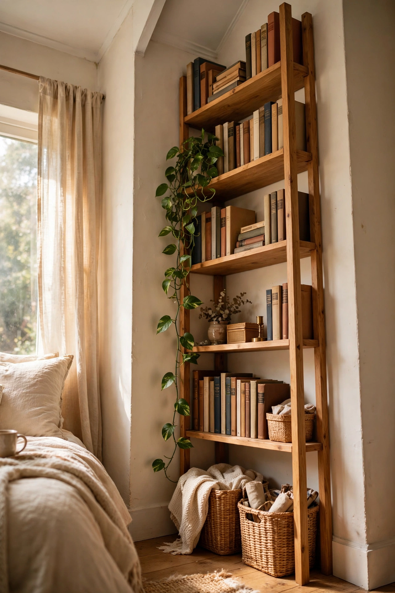 Tall narrow bookcase styled in the corner of a small bedroom drawing the eye upward