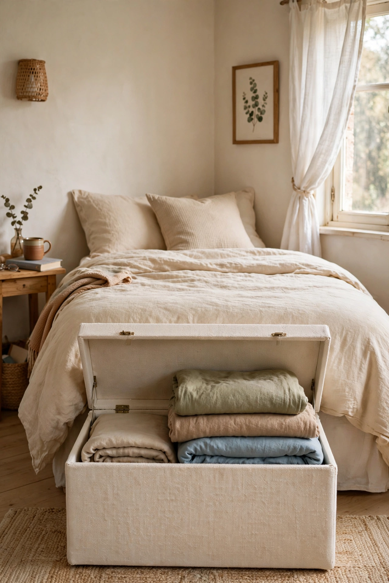 Cream storage ottoman at the foot of a bed in a small bedroom holding blankets inside