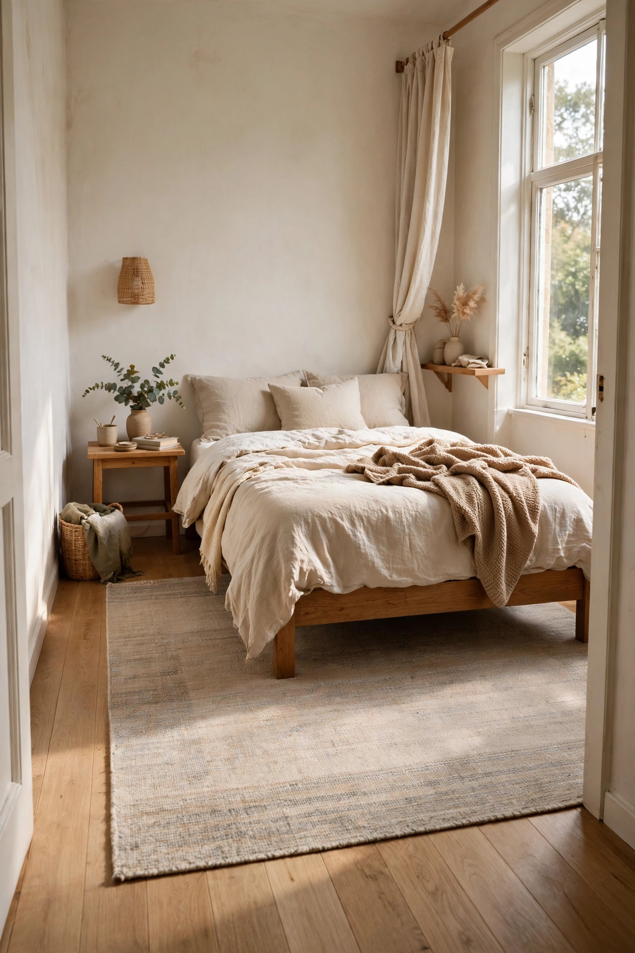One large flatweave rug under a bed extending into a small bedroom making it feel wider