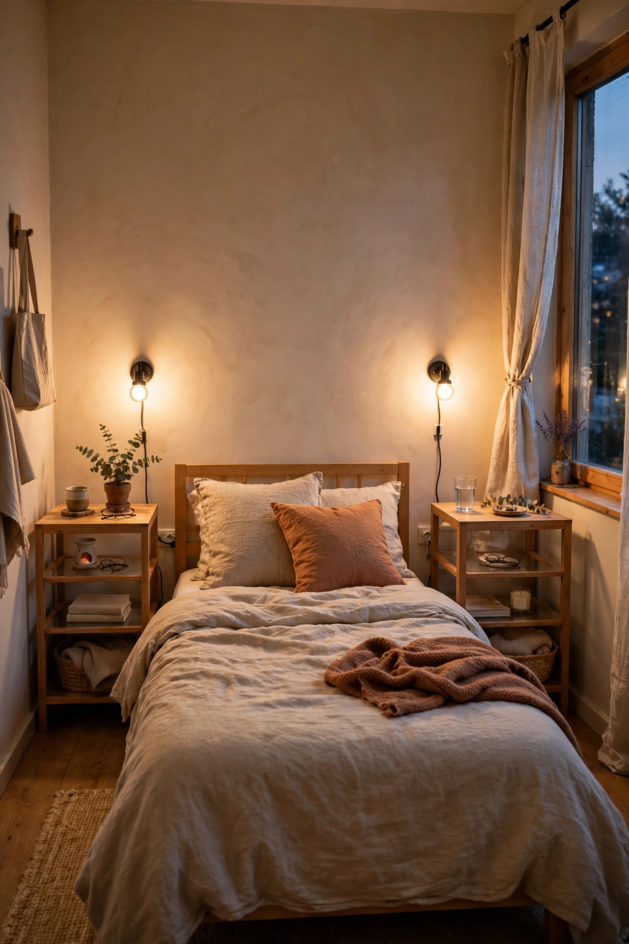 Two plug-in wall sconces flanking a bed in a small bedroom freeing nightstand space
