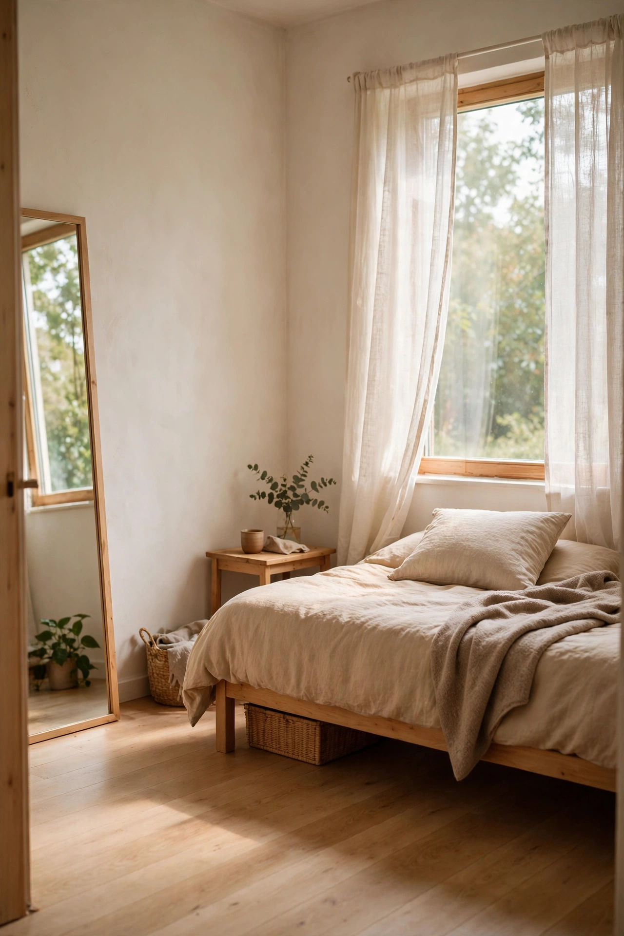 Small bedroom with clear visible floor and minimal furniture feeling twice as big