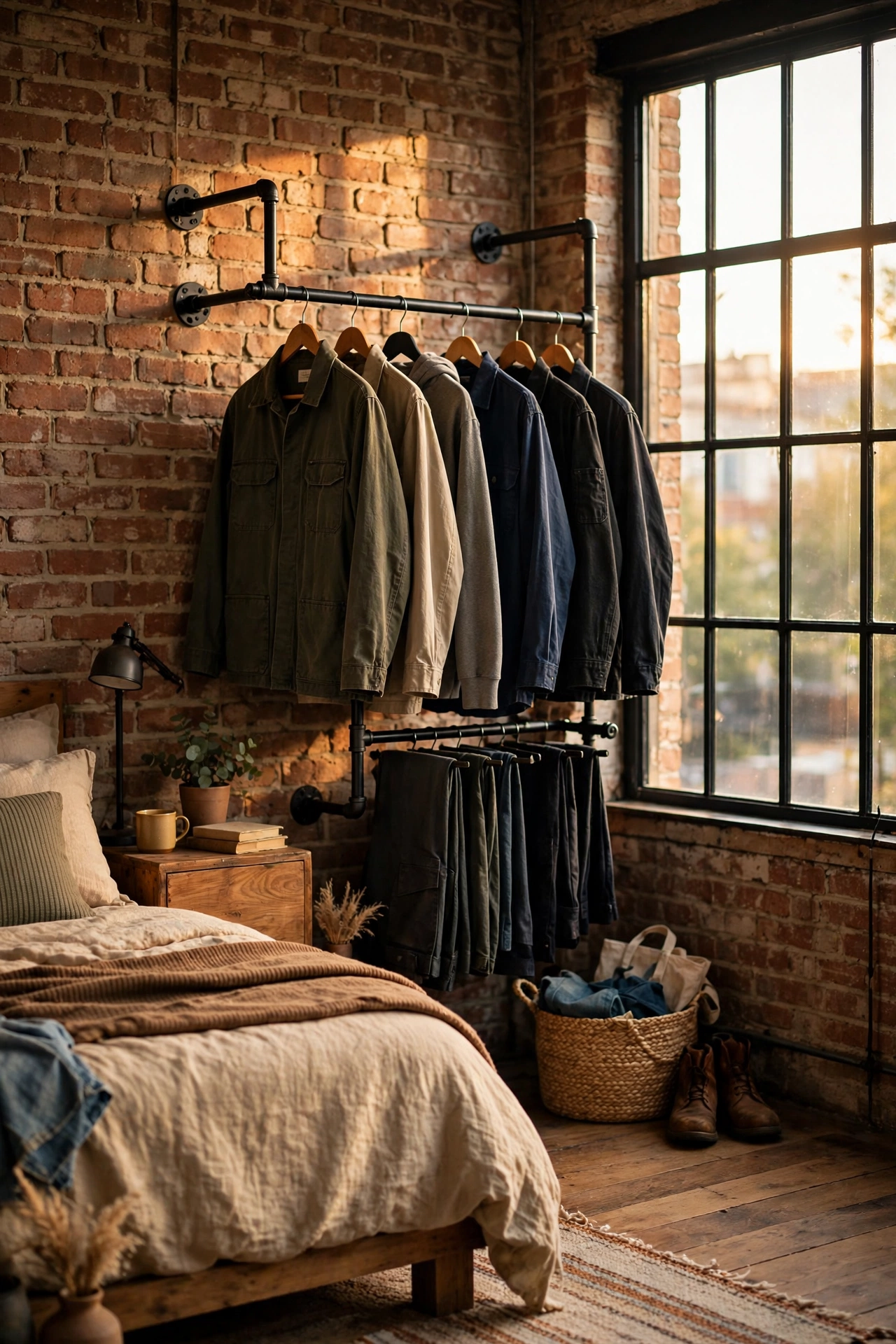 DIY black steel pipe clothing rack holding clothes in an industrial bedroom
