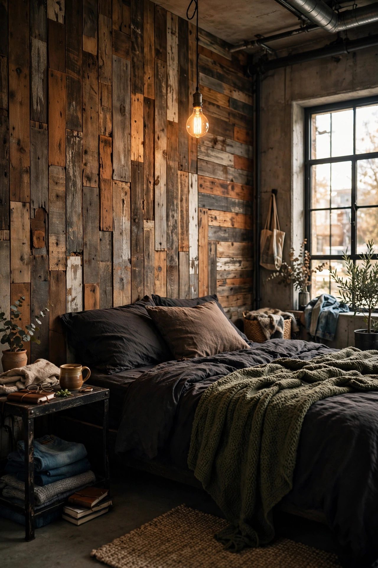 Peel-and-stick reclaimed wood plank accent wall behind a bed in an industrial bedroom