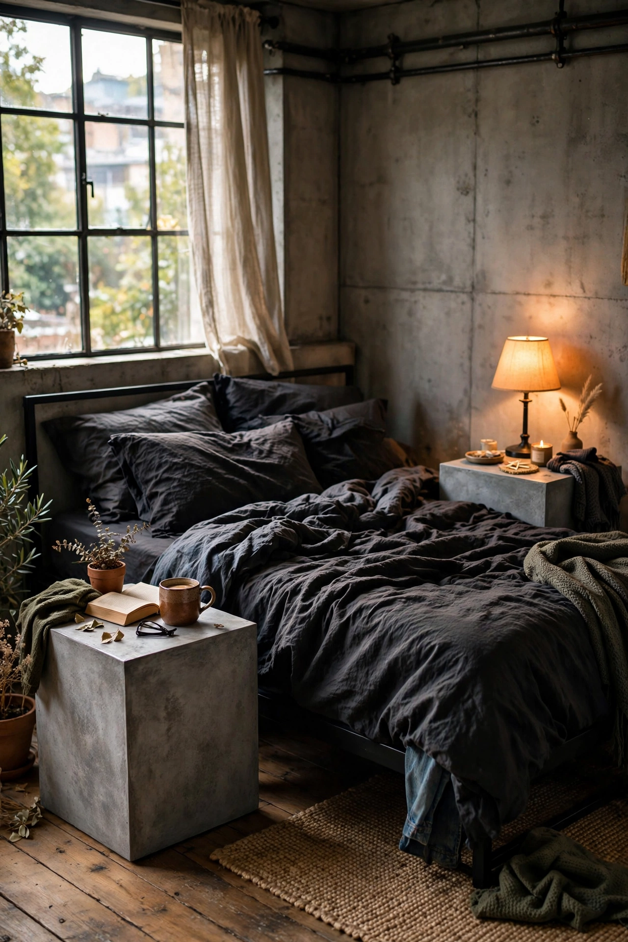 Two cube nightstands coated in concrete-effect paint in an industrial bedroom