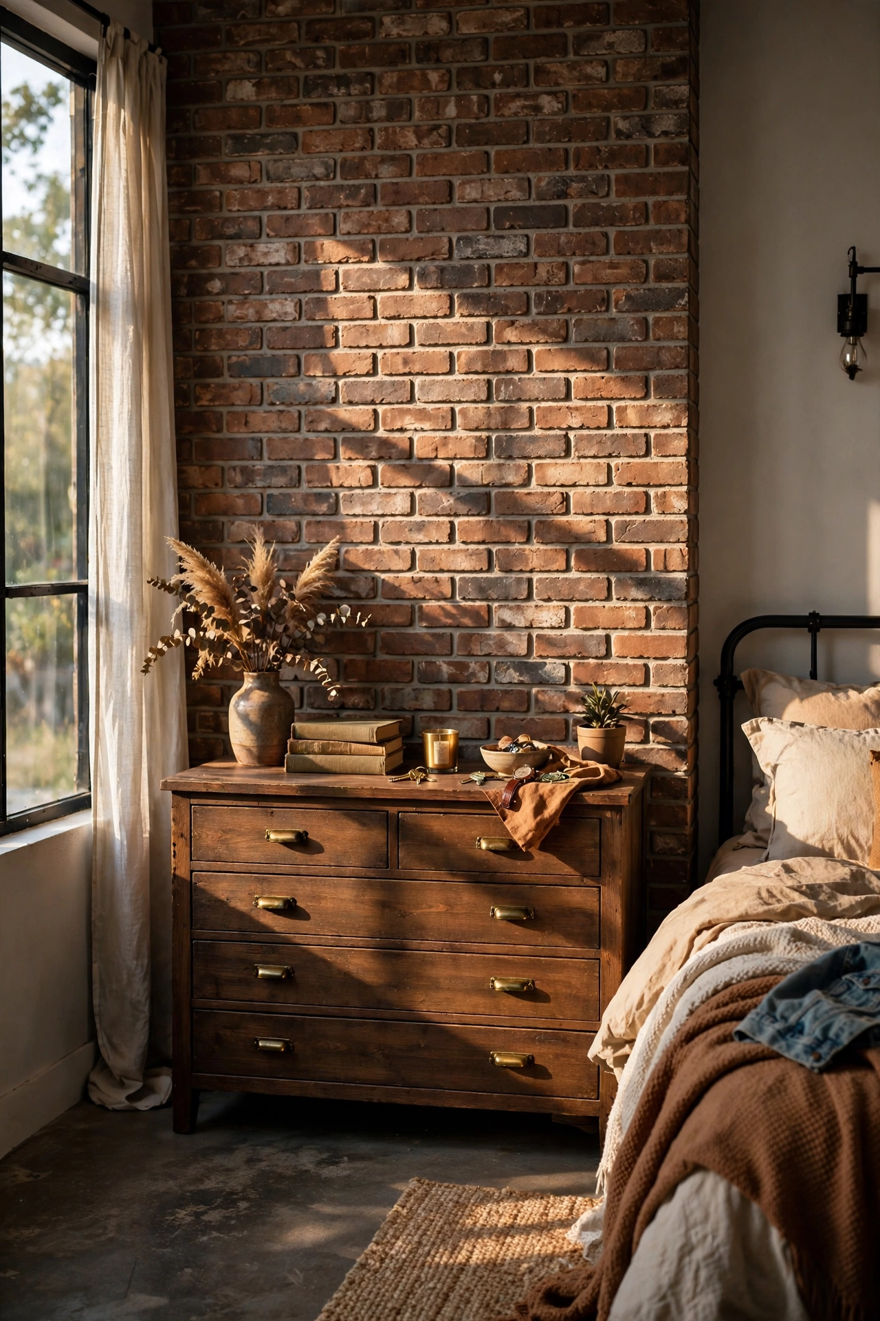 Brick-look wallpaper mural on one wall of an industrial bedroom behind a dresser