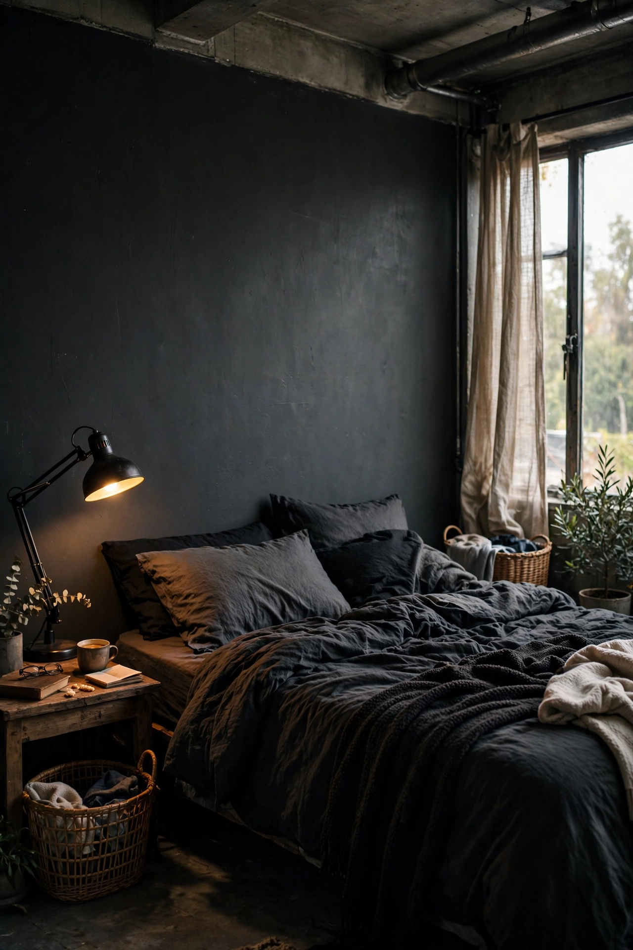 Industrial bedroom with one dark charcoal matte painted wall behind the bed