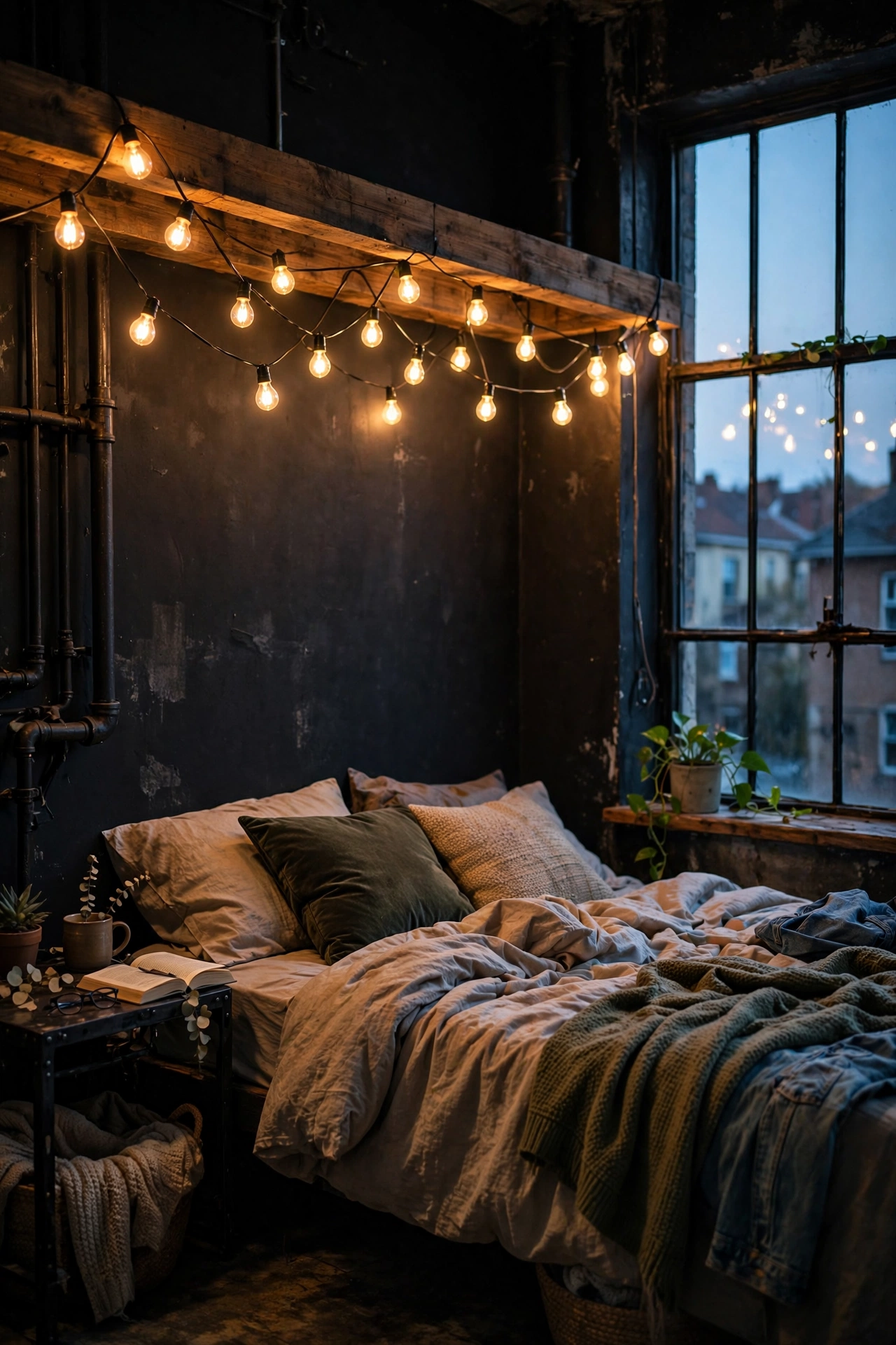 Warm Edison bulb string lights draped along a shelf in an industrial bedroom