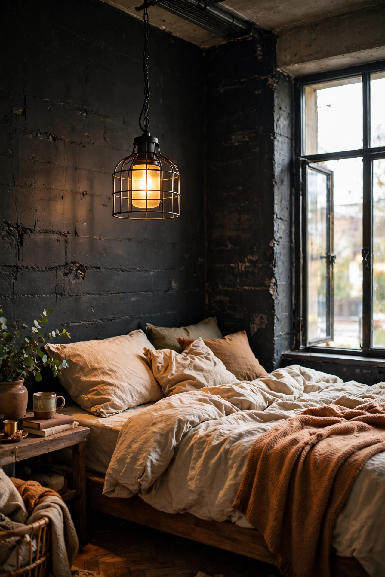 Black metal cage pendant light hanging over the corner of an industrial bedroom bed