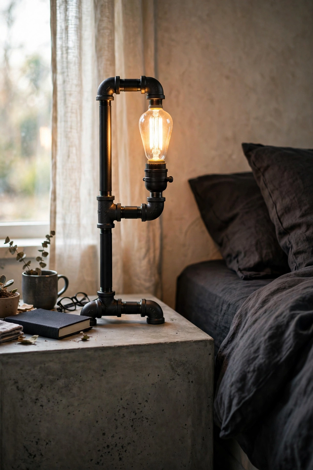 DIY black pipe table lamp with a simple shade on a nightstand in an industrial bedroom