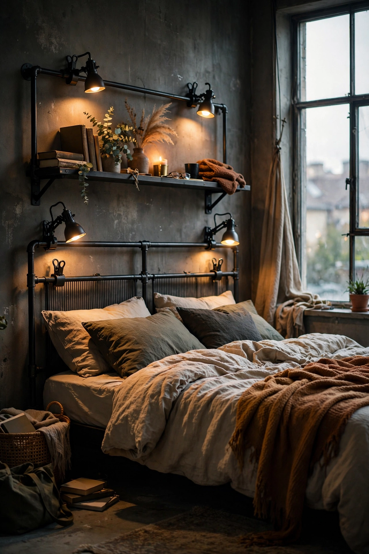 Black metal clip spotlights clamped to a headboard and shelf in an industrial bedroom