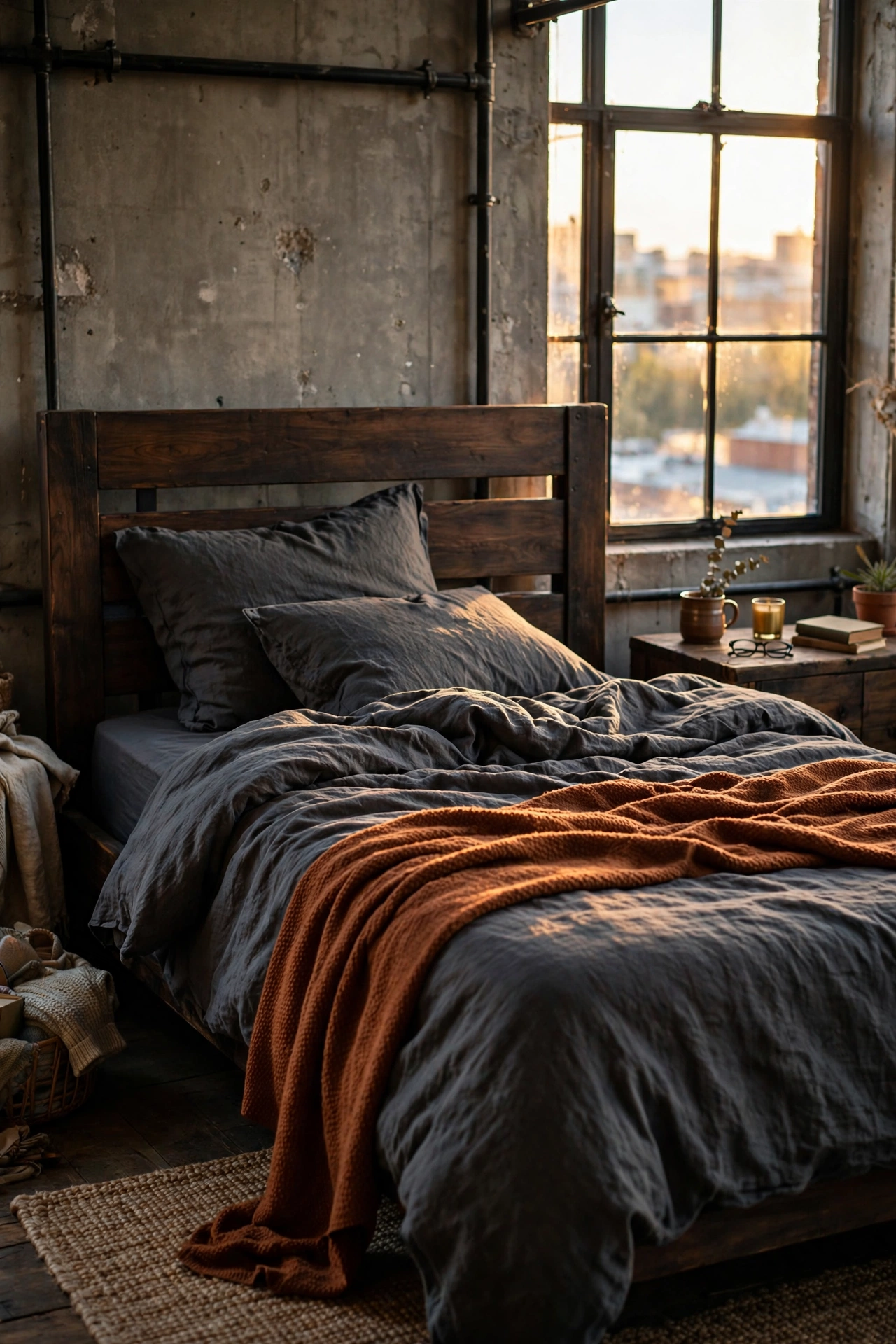 Charcoal linen-look bedding on a bed in an industrial bedroom with a rust throw