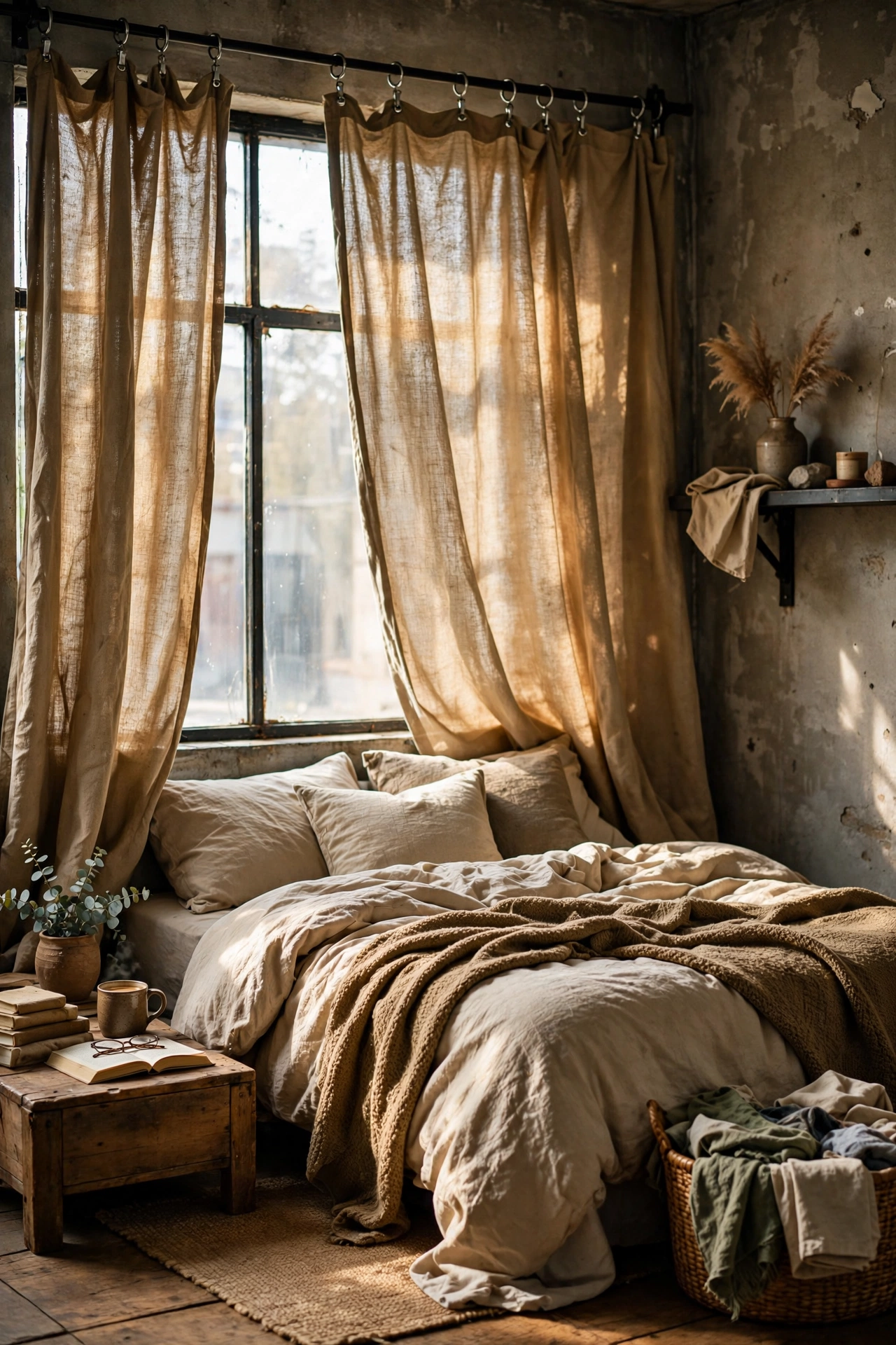 Heavy canvas drop cloth curtains hung with clip rings in an industrial bedroom