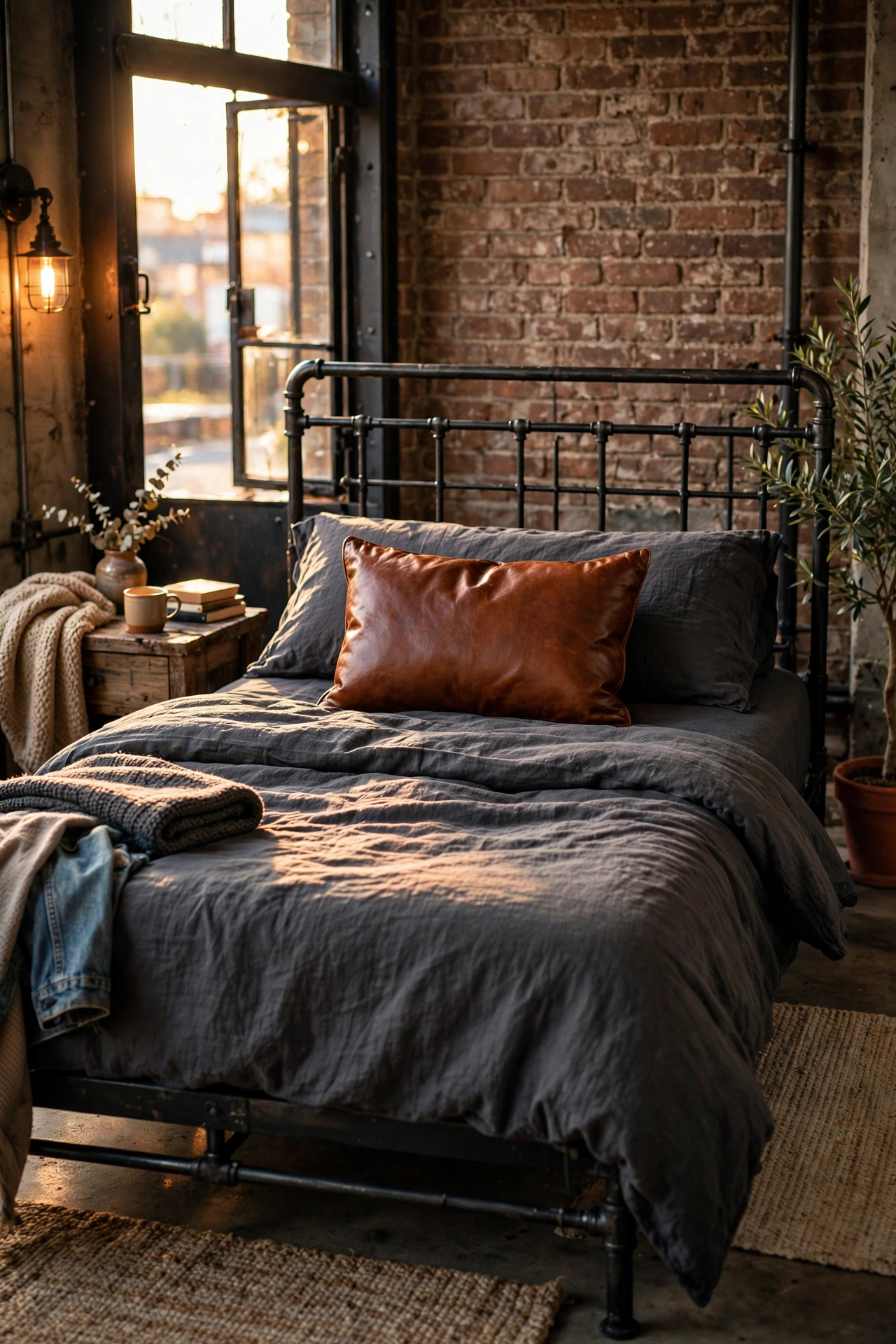 Cognac faux-leather throw pillow on charcoal bedding in an industrial bedroom
