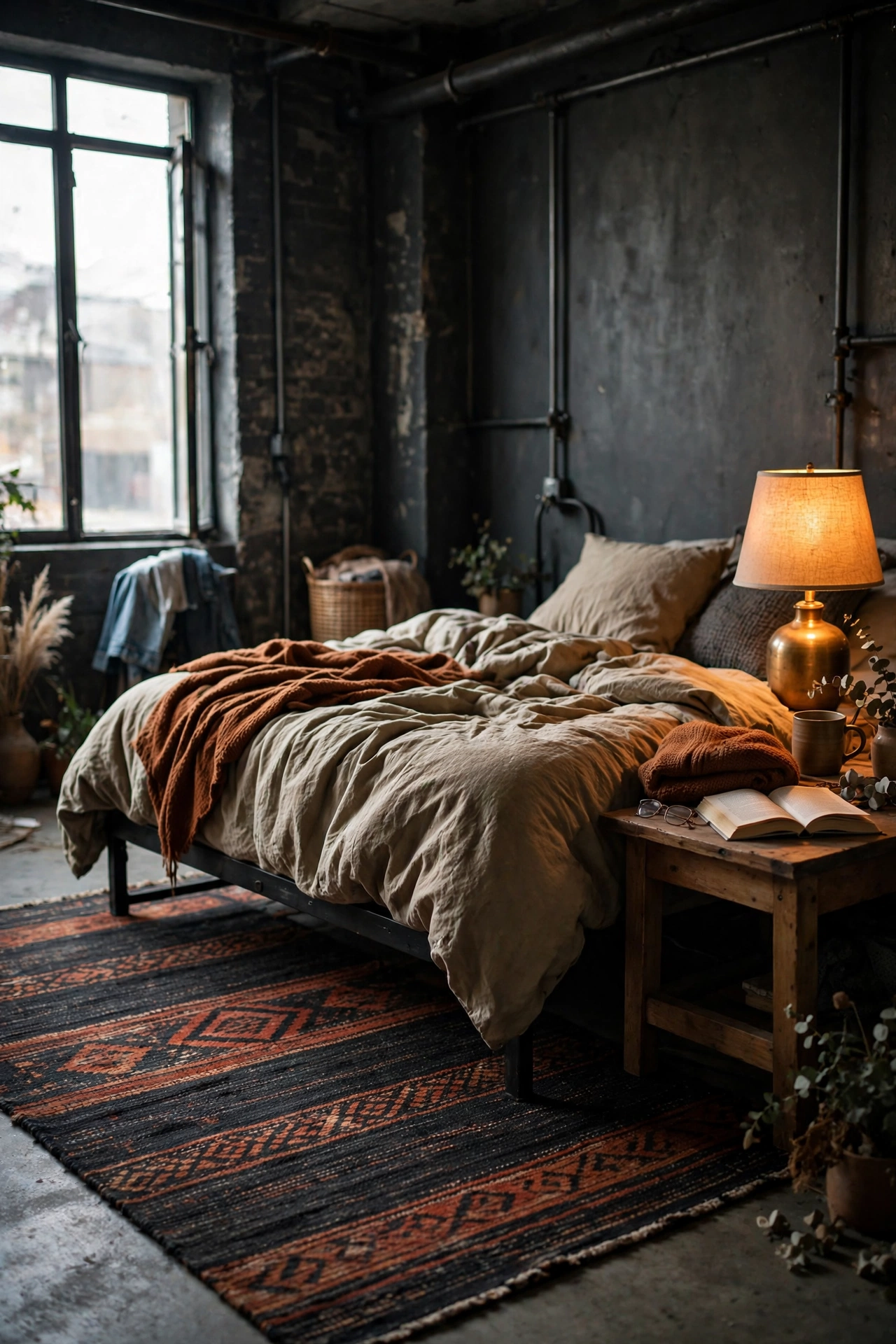 Dark charcoal and rust flatweave rug under a bed in an industrial bedroom