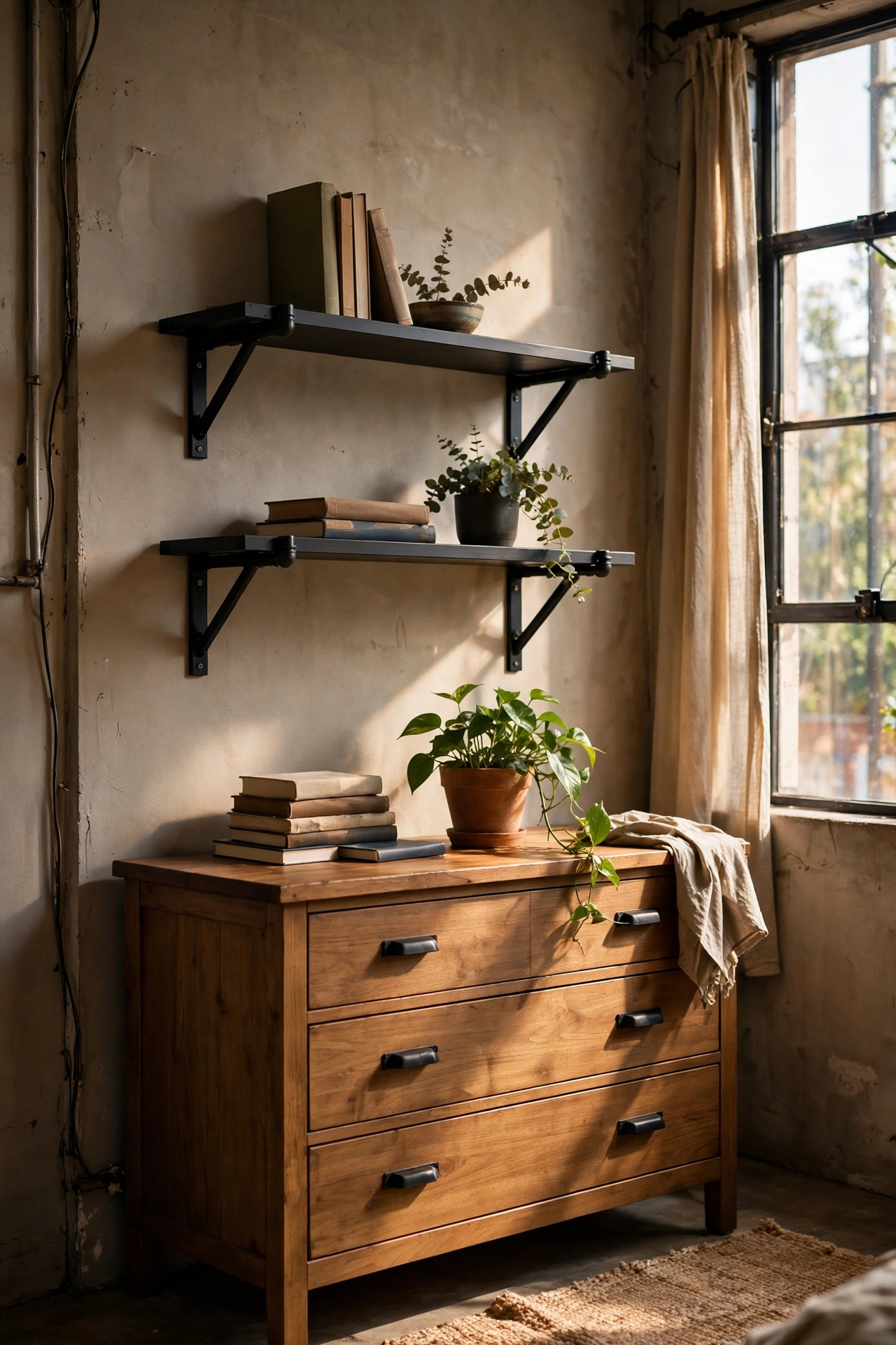 Black metal bracket shelves with pine boards styled above a dresser in an industrial bedroom
