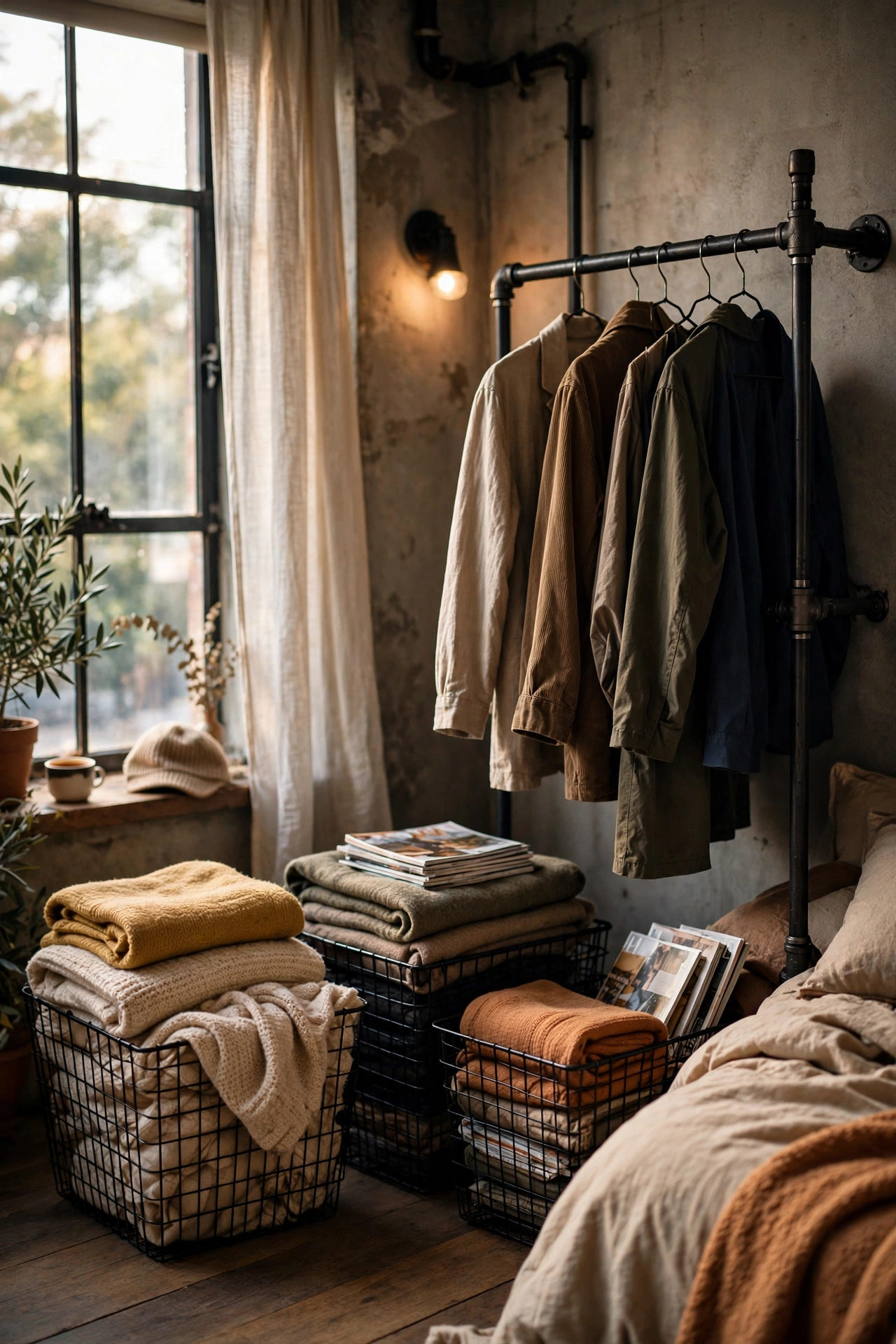 Black wire baskets holding blankets and magazines in an industrial bedroom