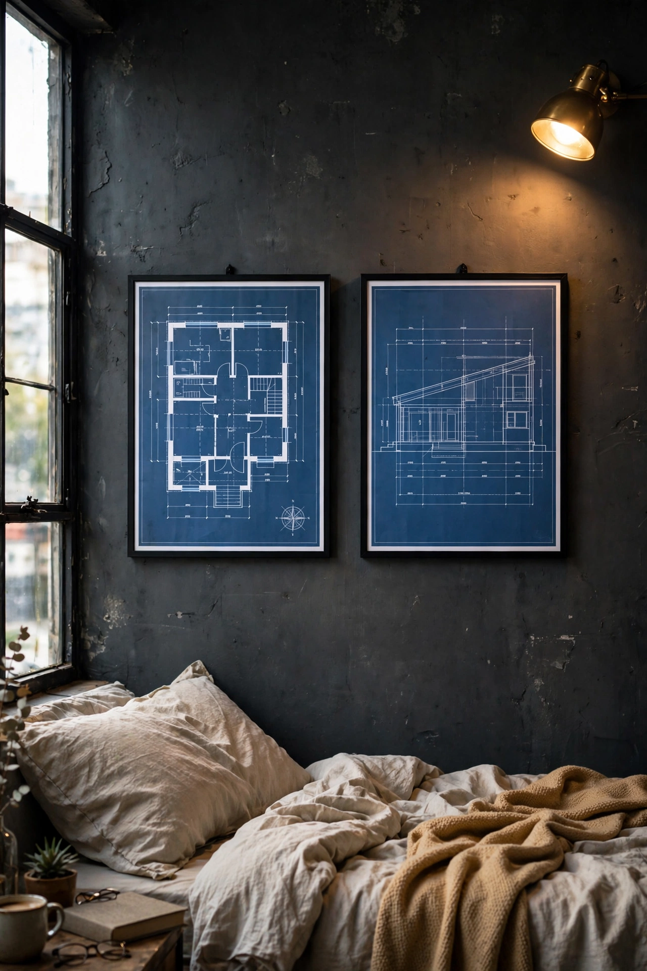Two blueprint-style architectural prints in black frames on an industrial bedroom wall