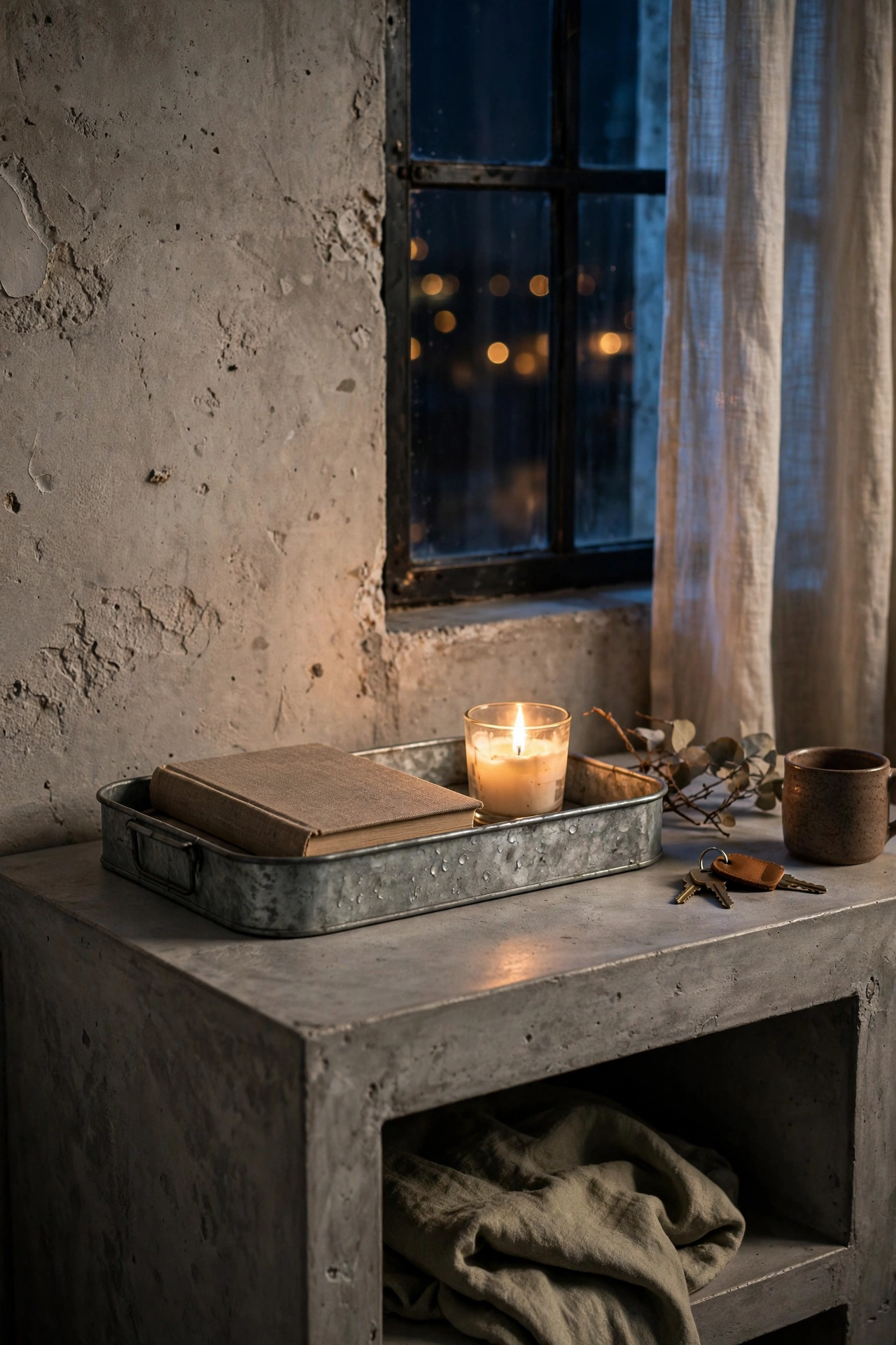 Galvanized metal tray with book and candle styled on an industrial bedroom nightstand