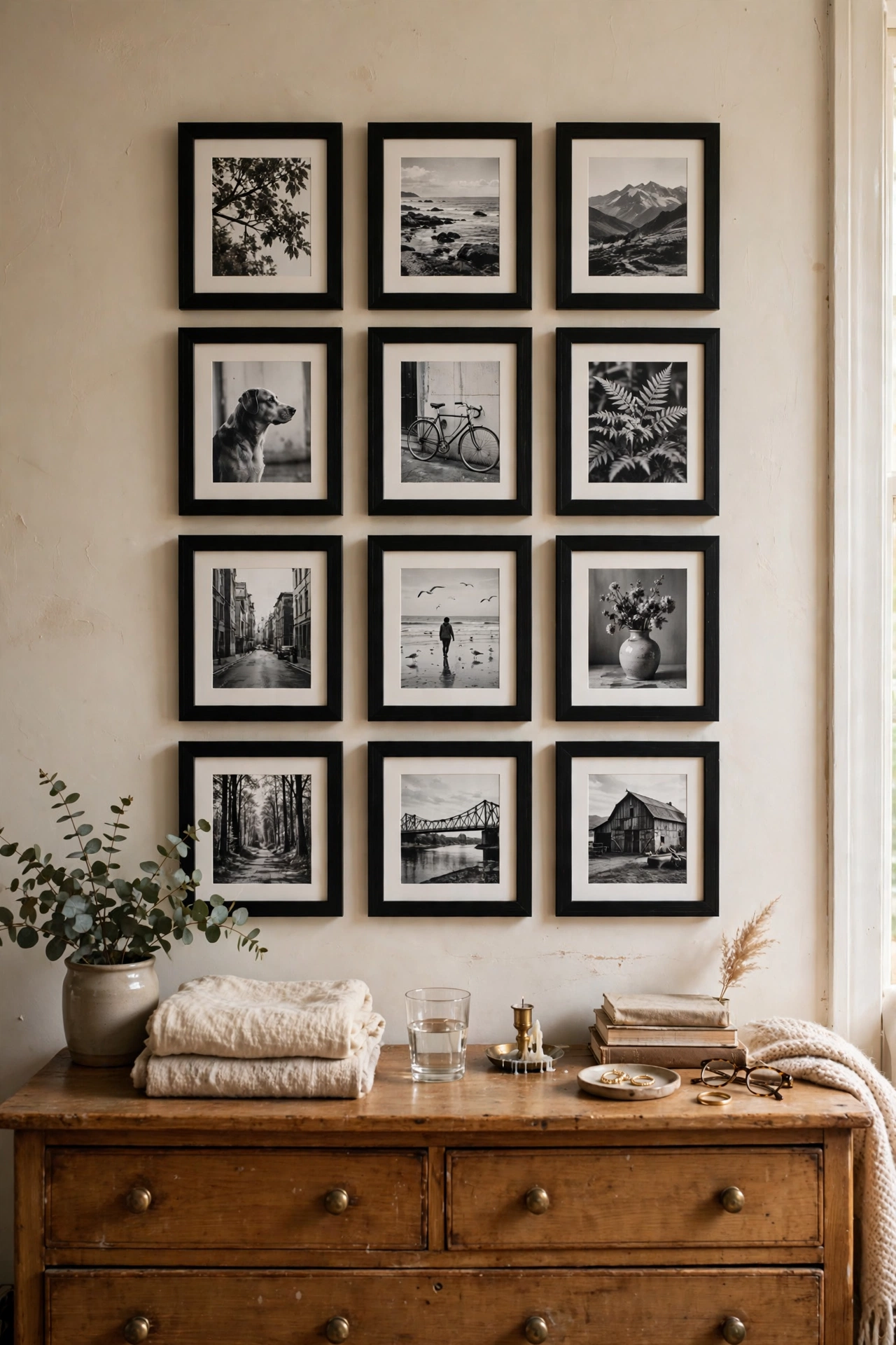 Tight grid of identical black dollar store frames with black-and-white photos above a dresser