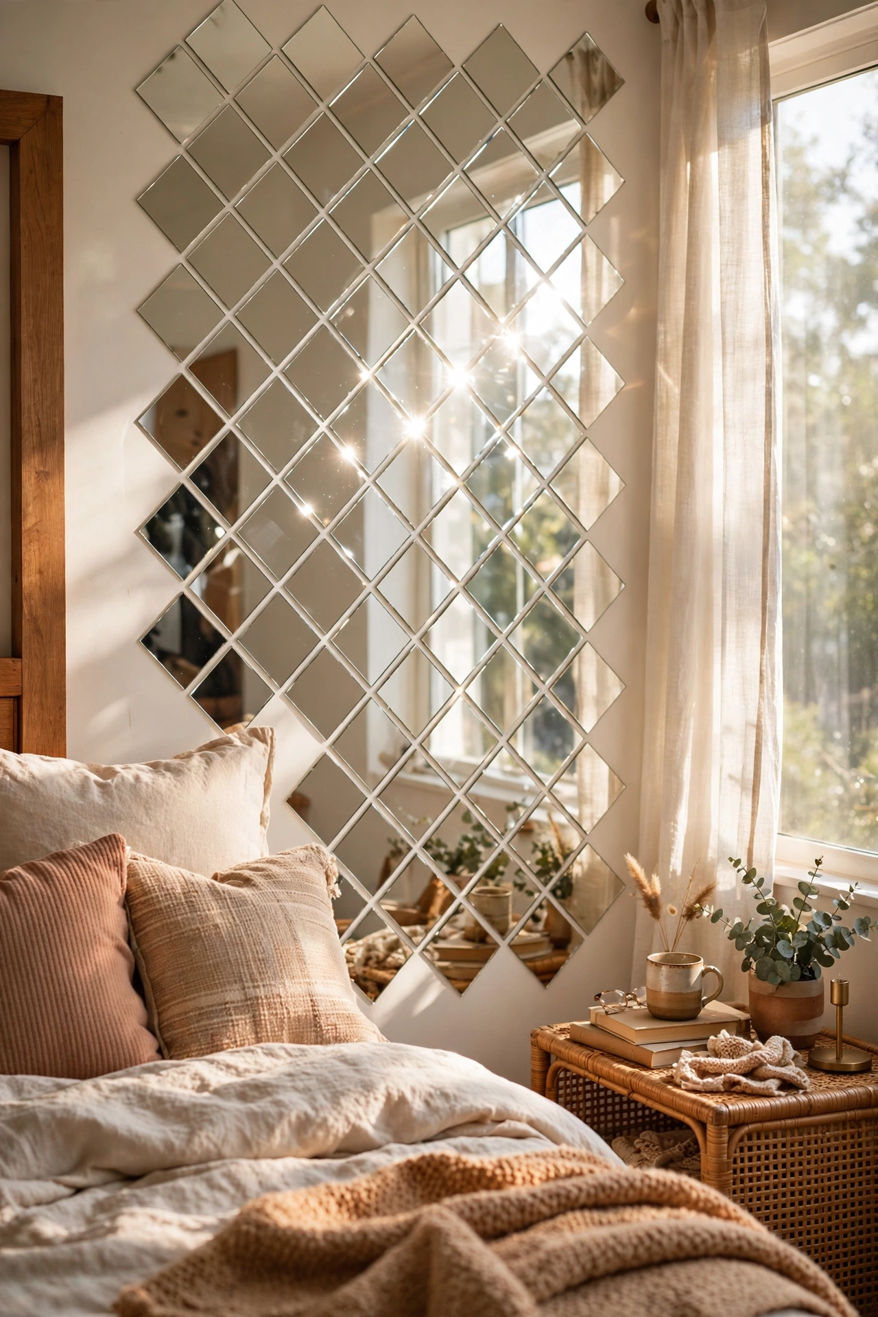 Peel-and-stick mirror tiles arranged in a diamond pattern on a bedroom wall
