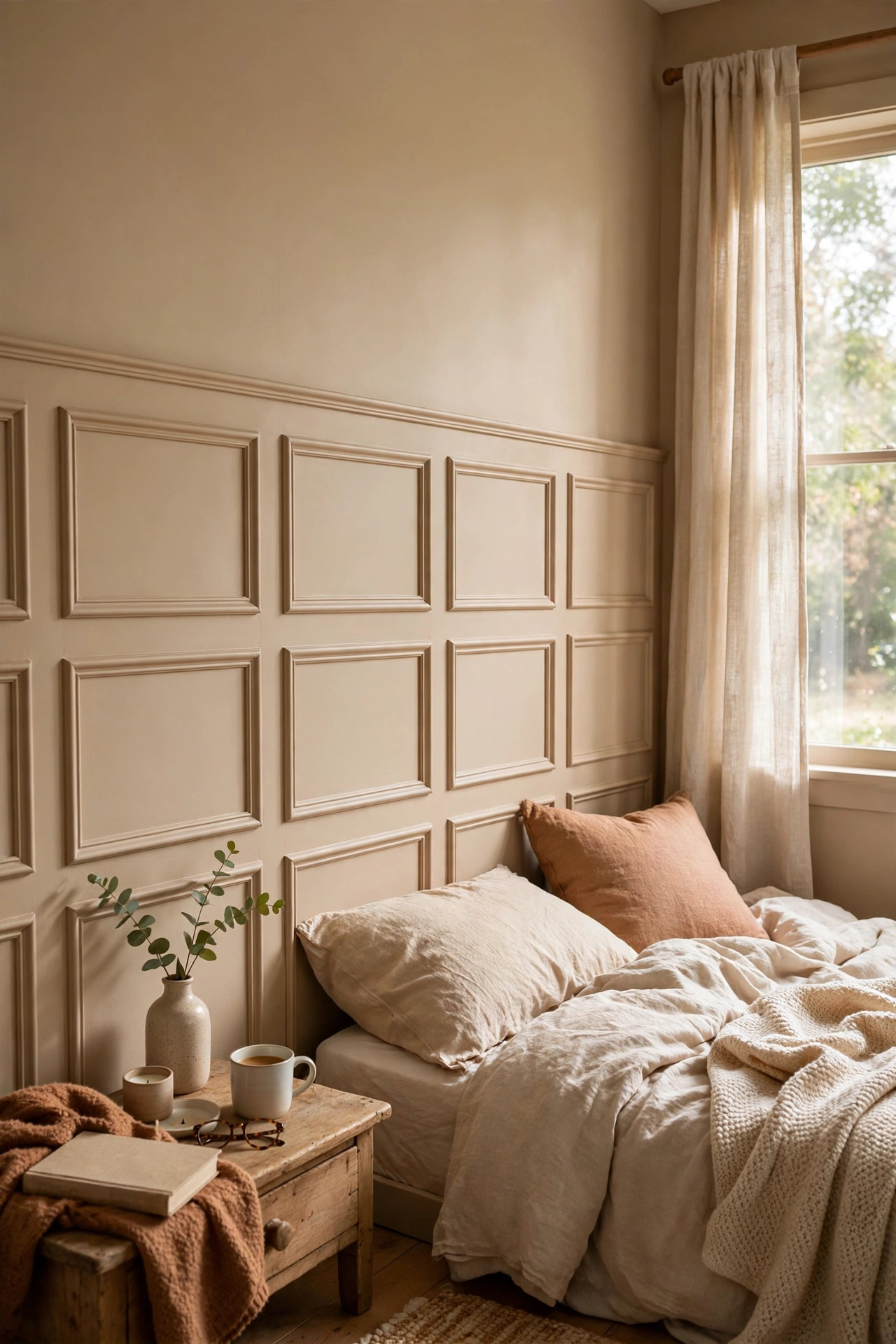 Faux wainscoting made from painted foam trim rectangles on a bedroom wall
