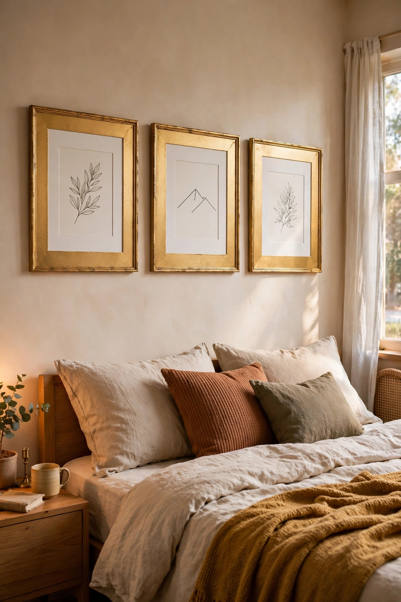 Gold spray-painted thrift frames with dollar store white mats and printable art above a bed