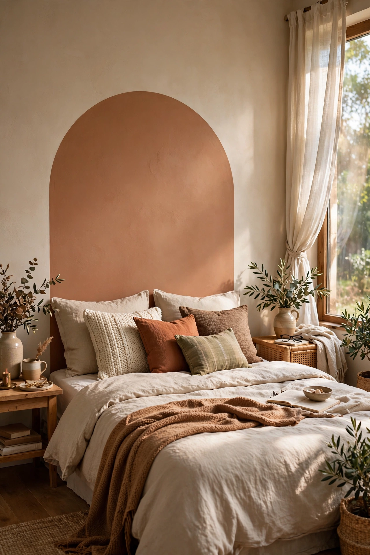 Arched dollar store wall decals forming a headboard silhouette on the wall behind a bed