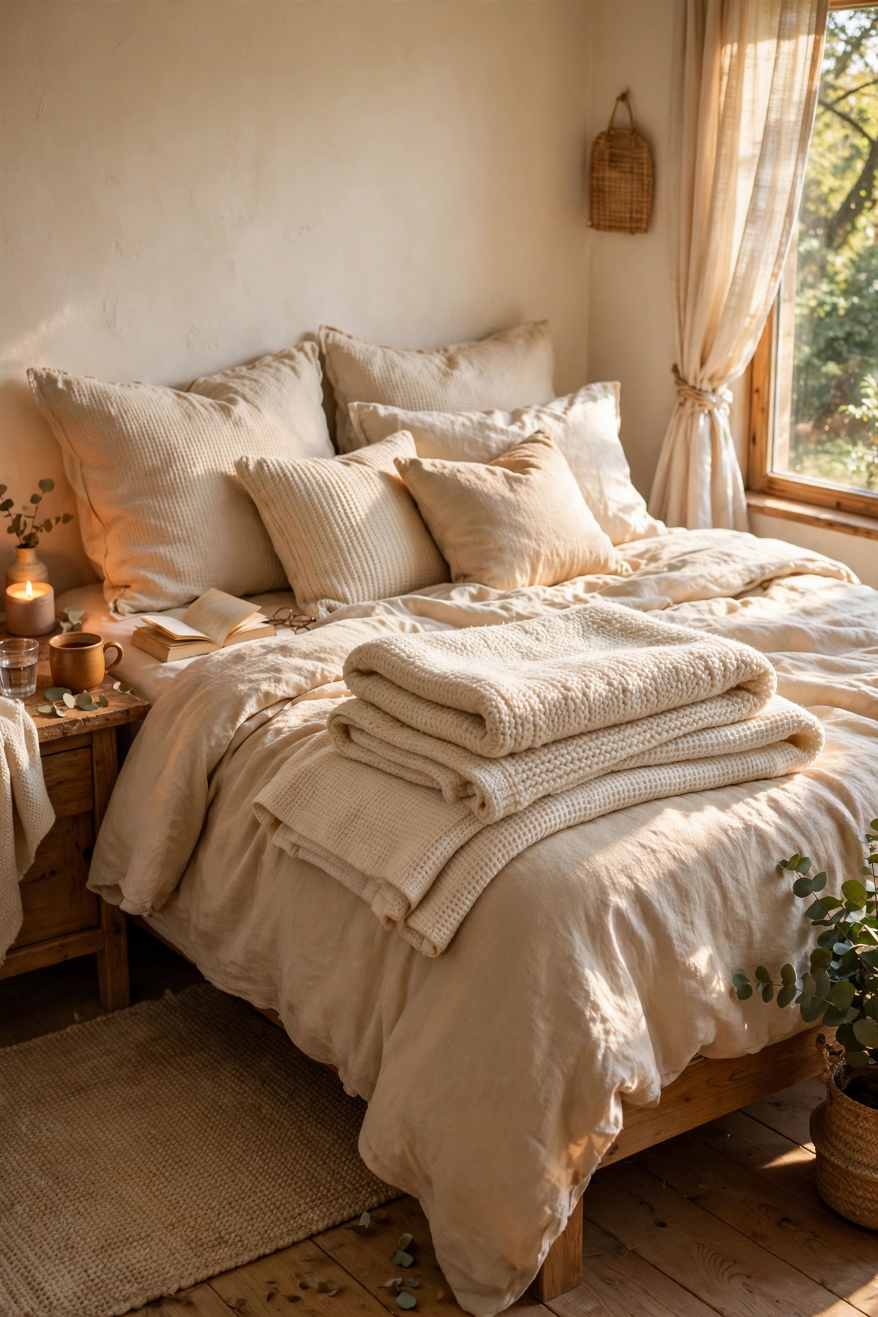 Two layered cream dollar store throw blankets folded at the foot of a bed