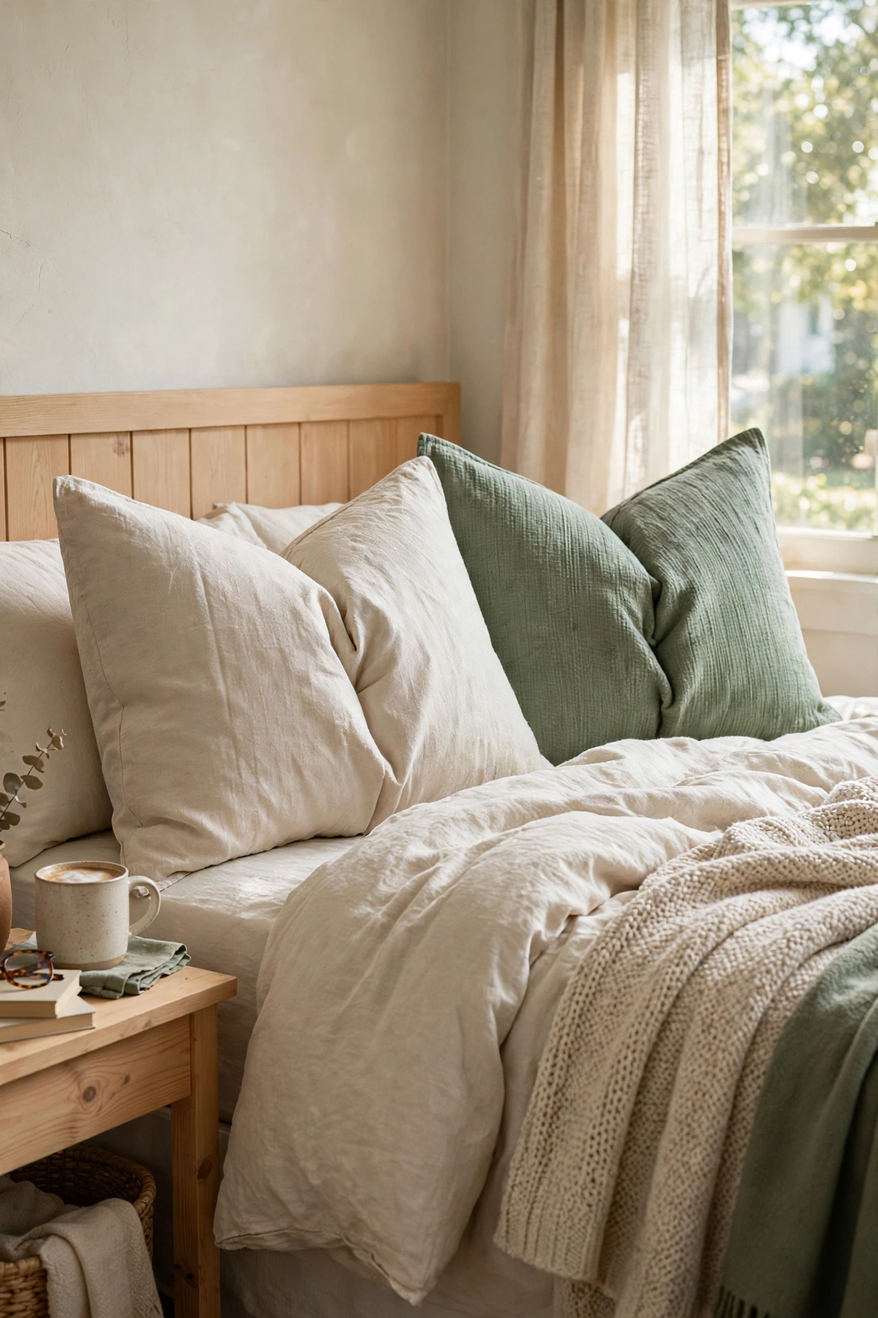 Bed restyled with textured dollar store pillow covers in oatmeal and sage