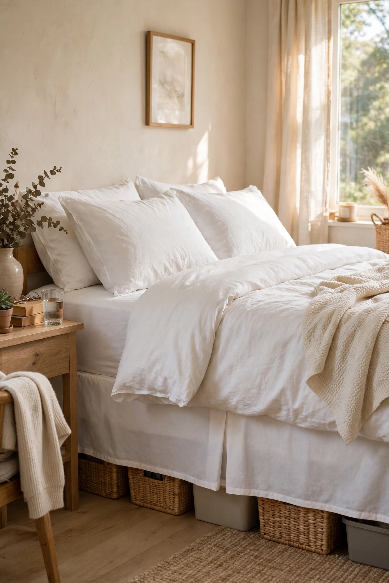 White bed skirt made from a dollar store flat sheet hiding under-bed storage