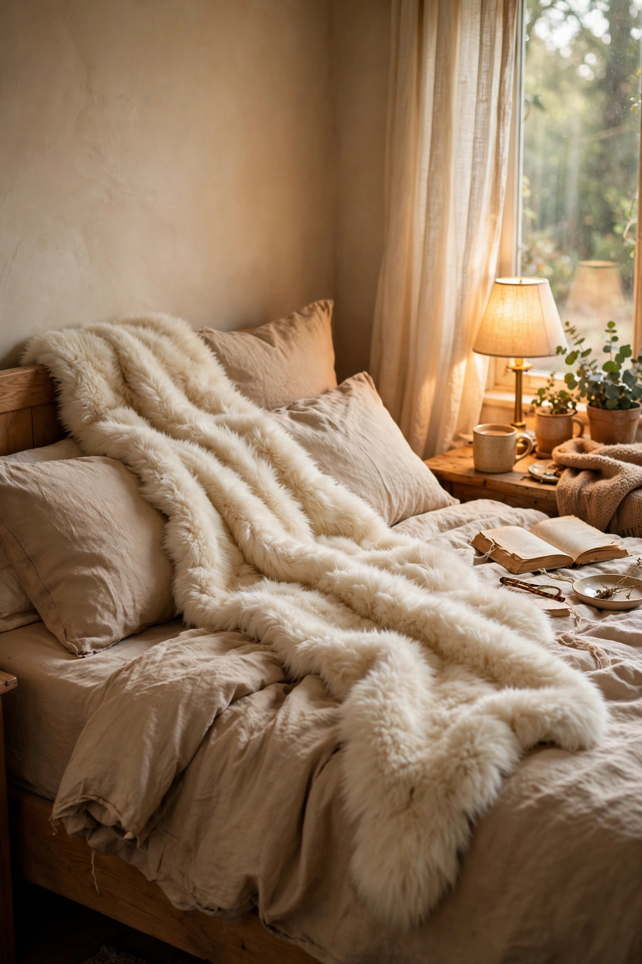 Cream faux fur dollar store throw draped over the corner of a styled bed