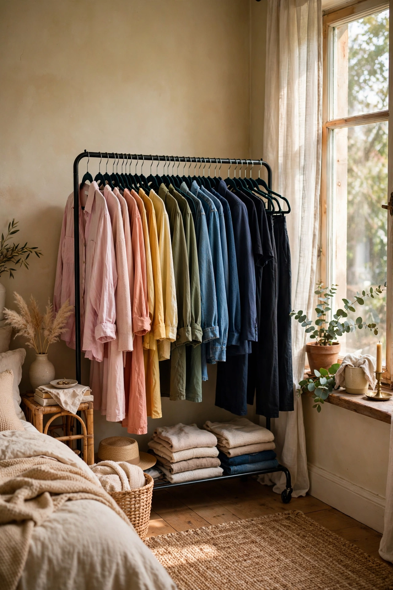 Open clothing rack with matching velvet hangers making clothes look boutique in a bedroom