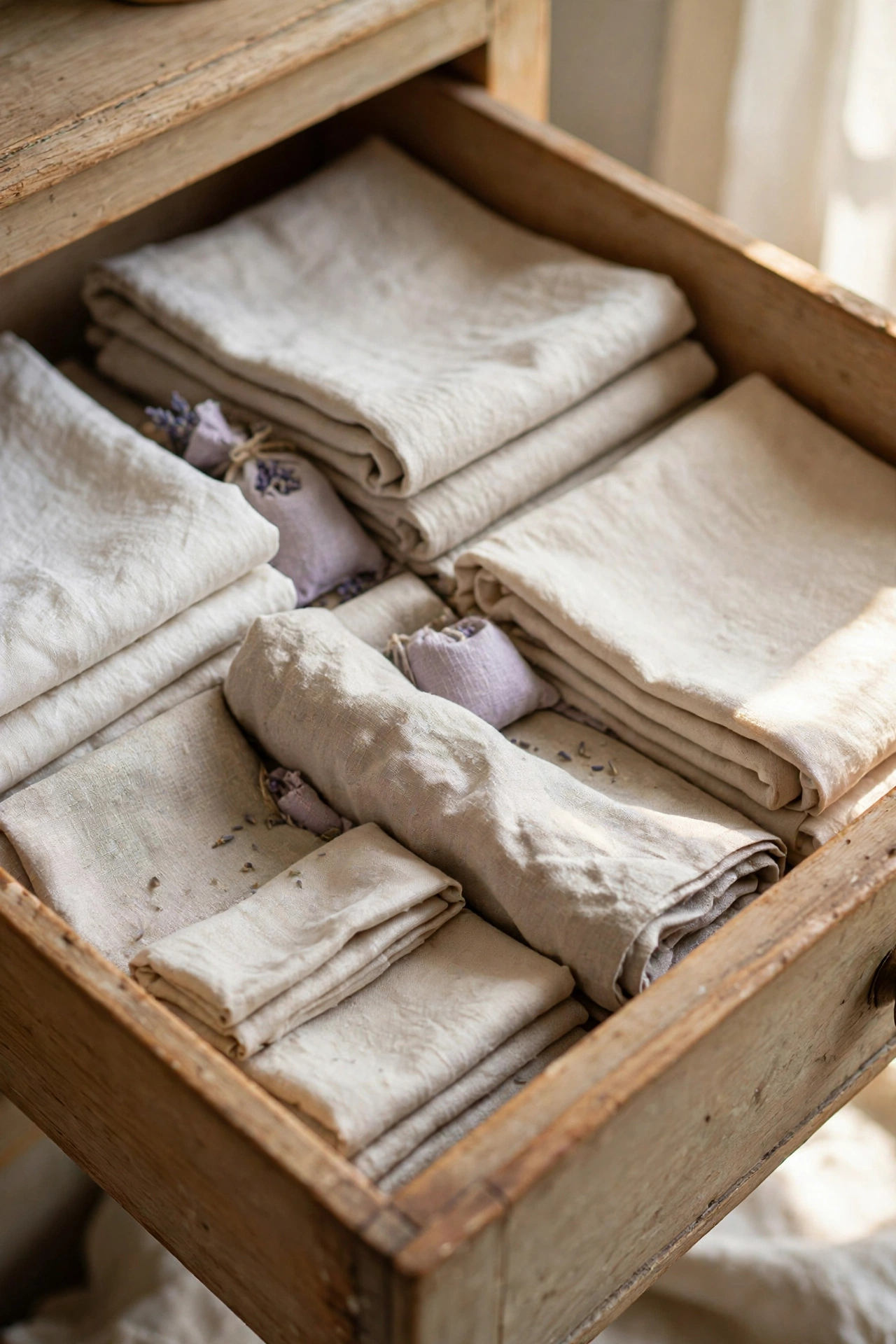 Lavender sachets tucked among folded sheets in a bedroom linen drawer