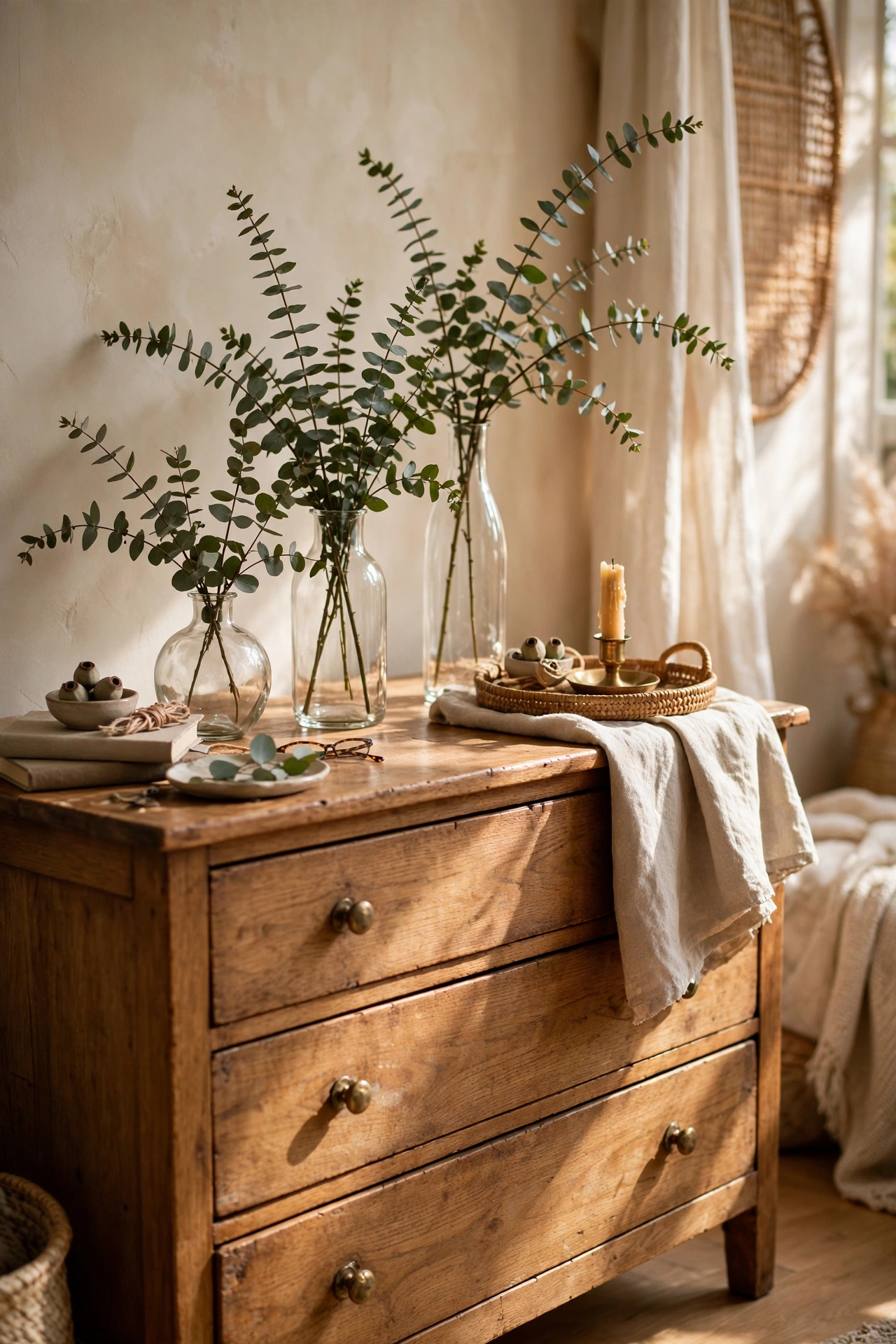 Three dollar store glass vases of different heights with eucalyptus on a bedroom dresser