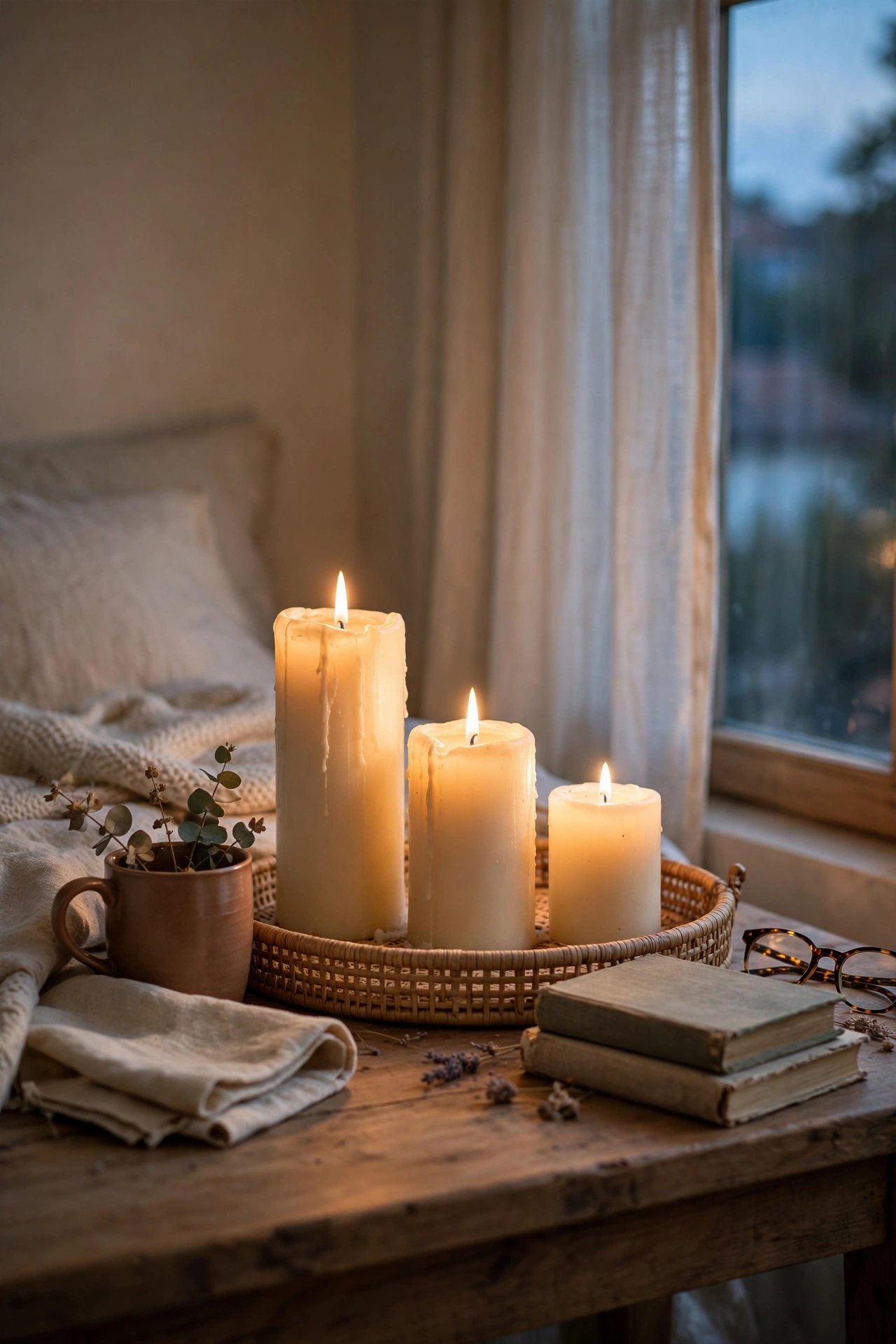 Cluster of cream dollar store pillar candles on a tray glowing on a nightstand