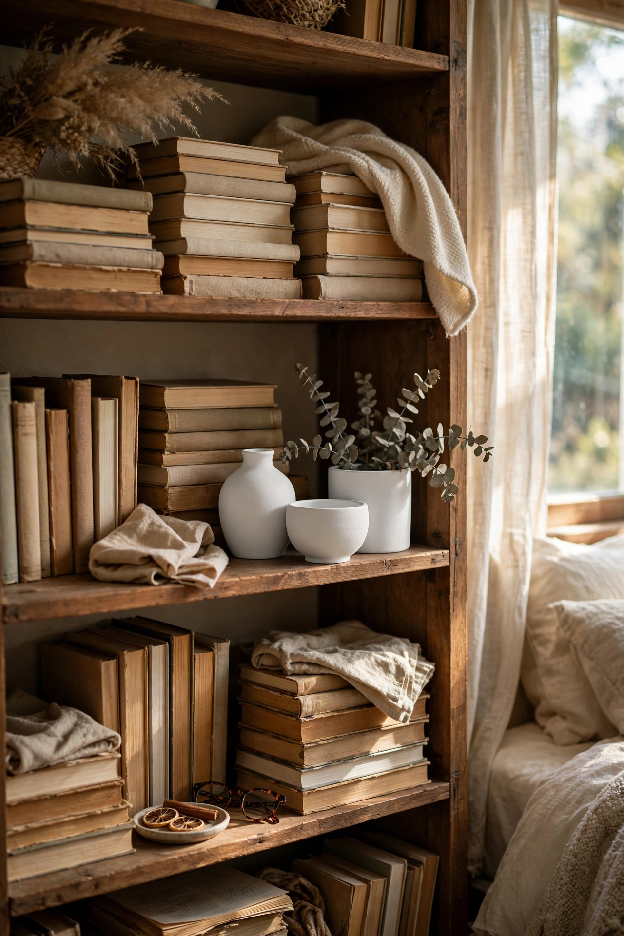 Dollar store ceramic objects spray-painted matte white grouped on a bedroom bookshelf