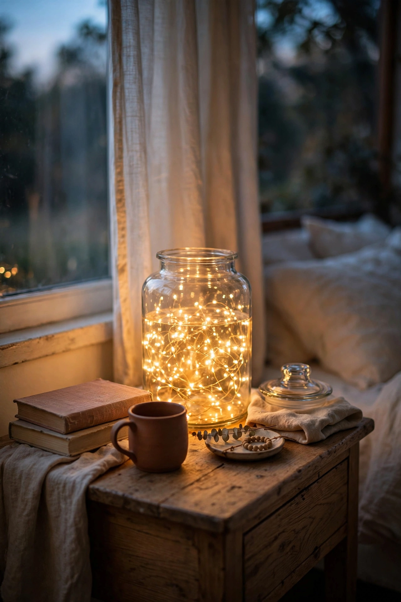 Warm fairy lights glowing inside a glass jar on a bedroom nightstand