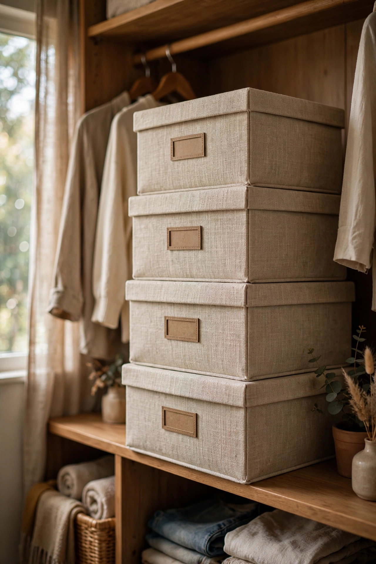 Four matching linen-look dollar store storage boxes stacked on a bedroom closet shelf