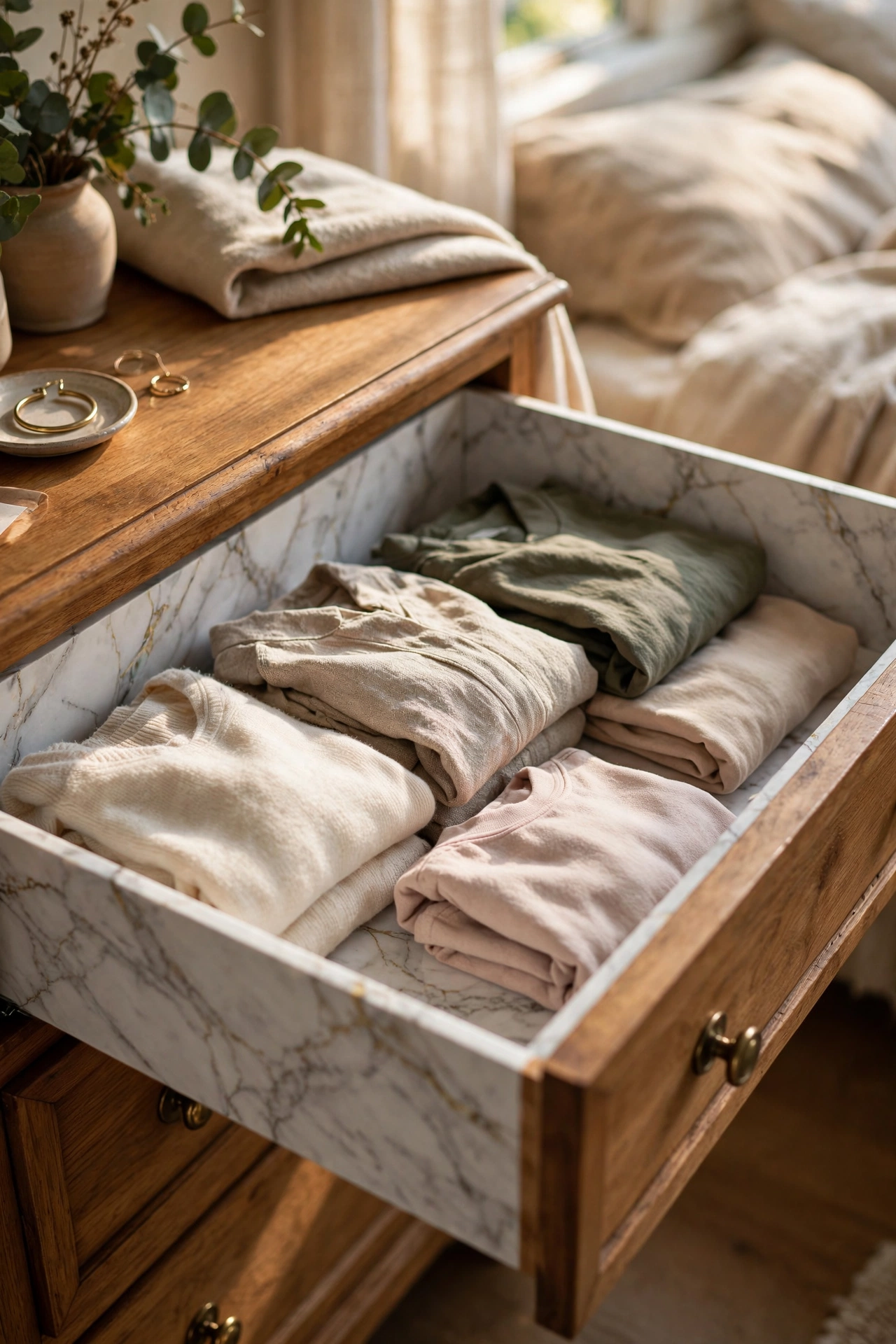 Dresser drawers lined with marble-look contact paper in a bedroom