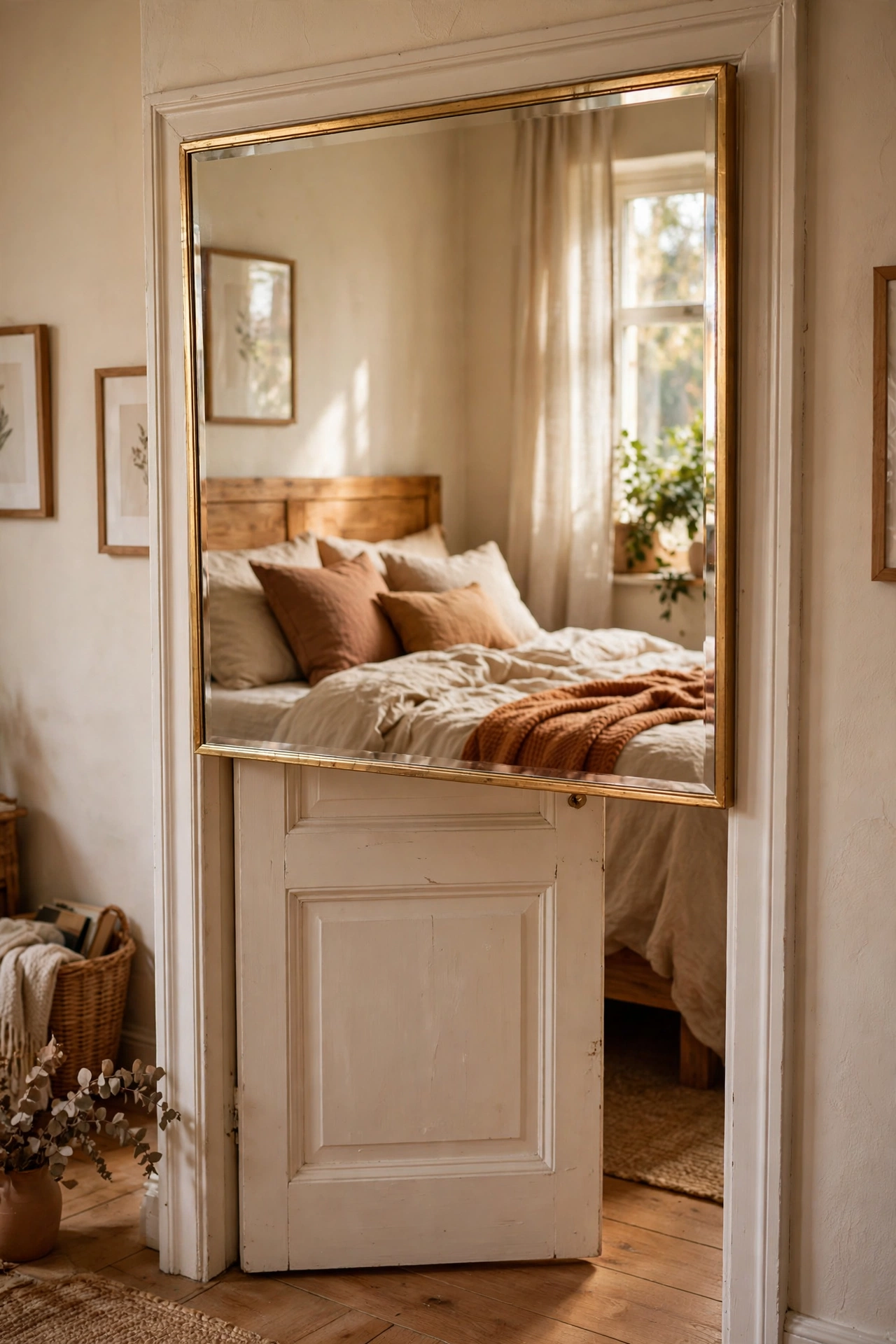 Over-door mirror framed with gold dollar store trim in a bedroom