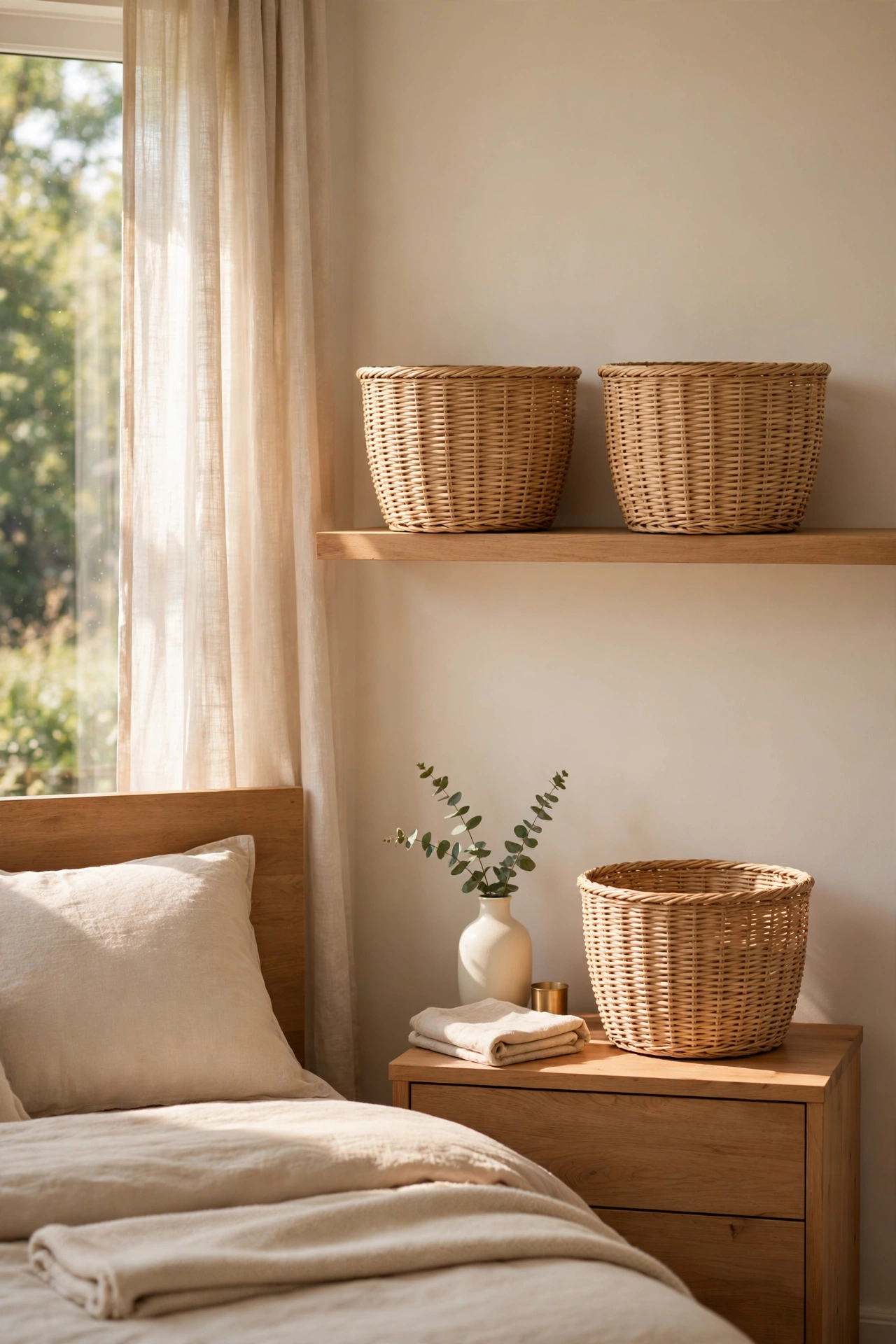 Three matching woven-look dollar store baskets organizing clutter in a bedroom