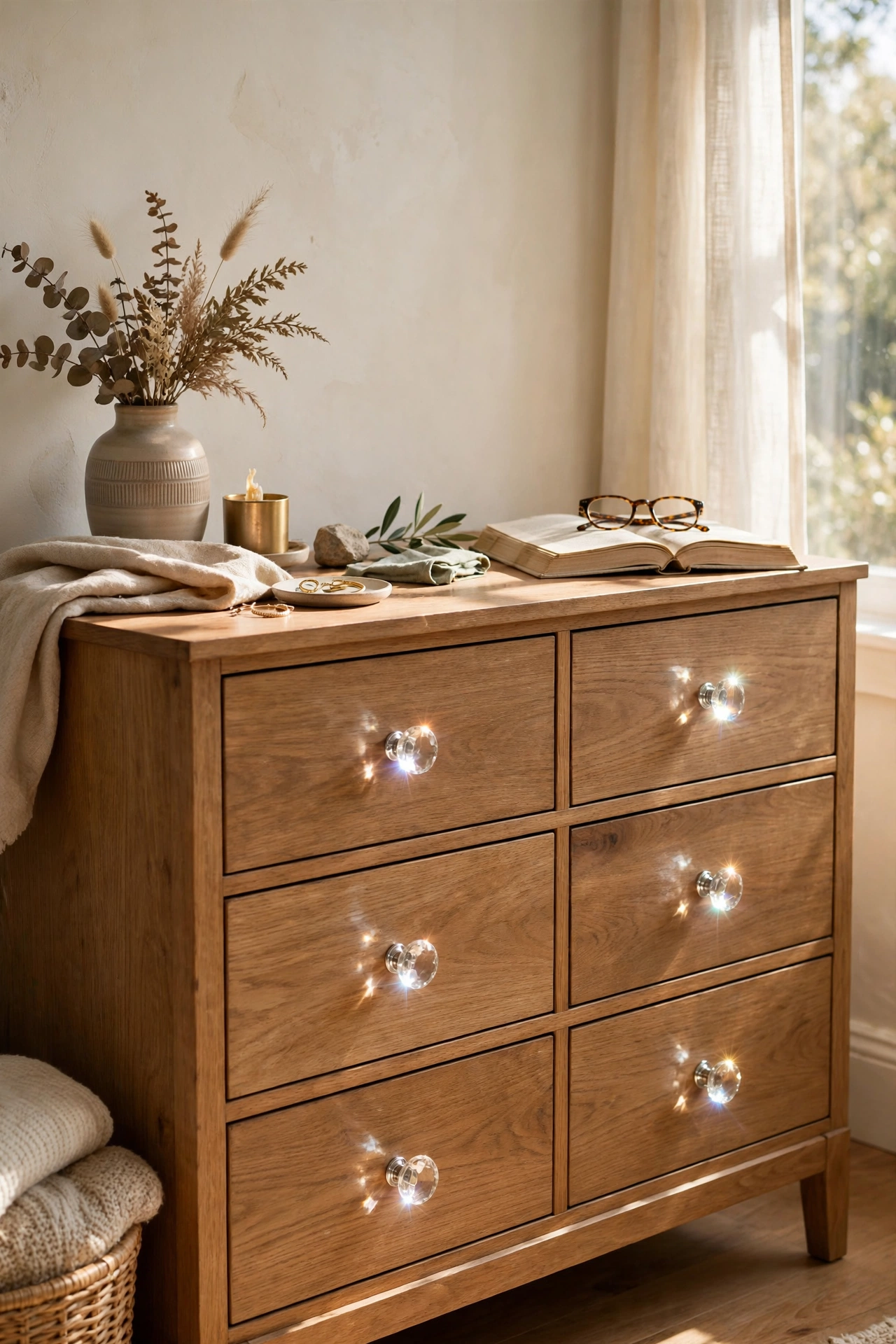 Bedroom dresser with dated knobs replaced by glass-look dollar store knobs