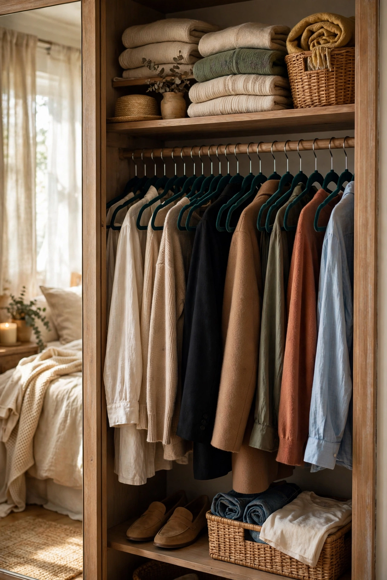 Bedroom closet reset with matching slim velvet hangers from the dollar store